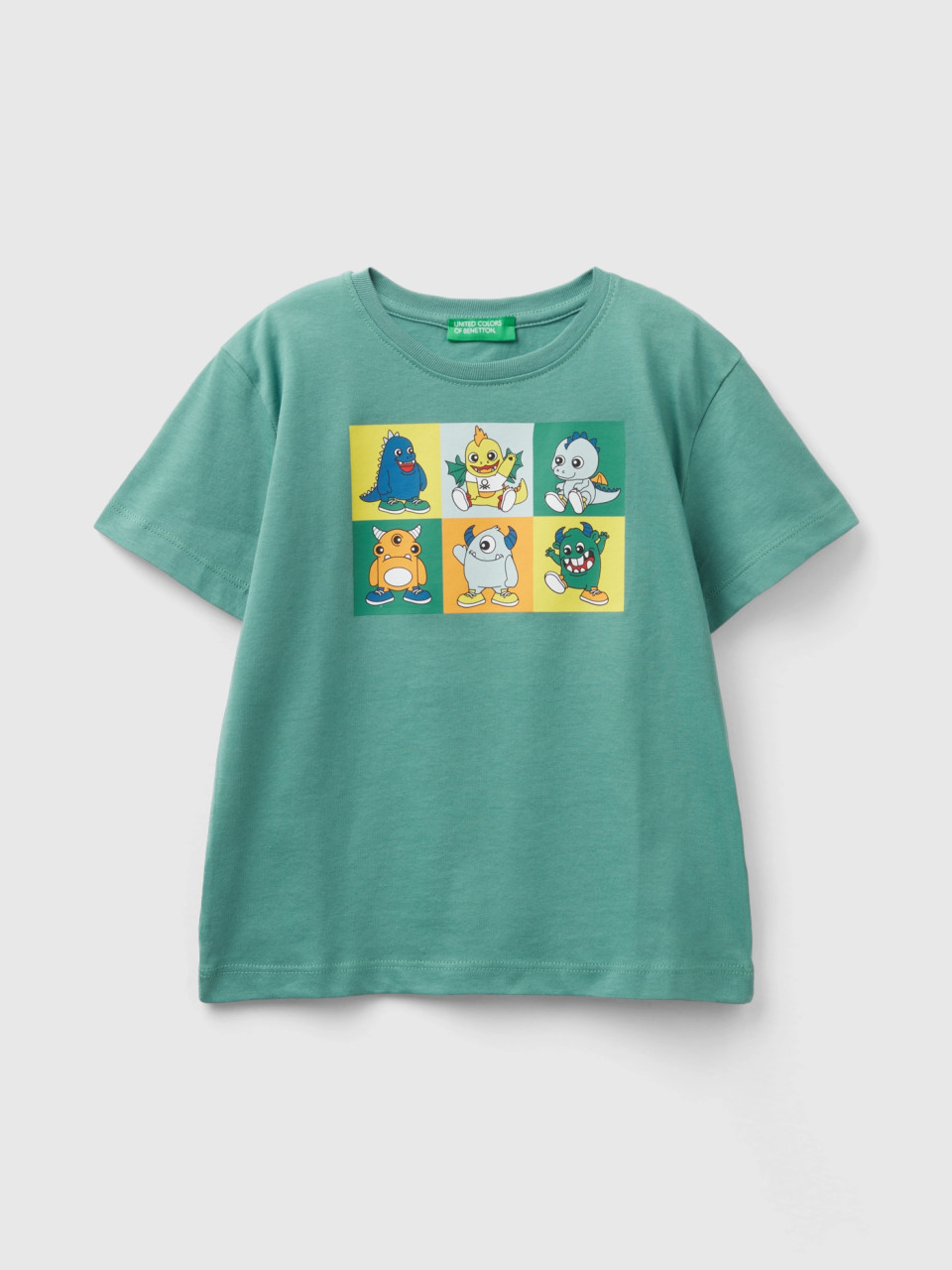 Benetton, Camiseta Con Estampado De Animalitos, Verde Petróleo, Niños