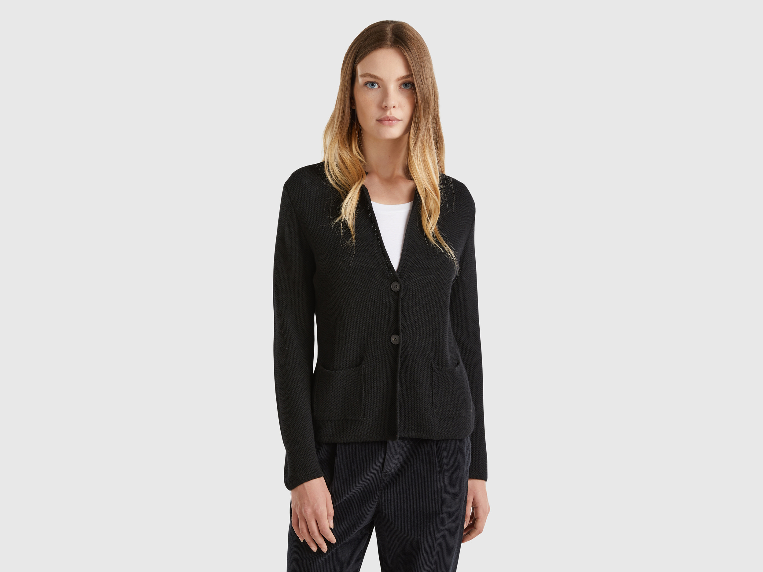 Benetton, Giacca In Maglia Misto Lana E Cashmere, Nero, Donna