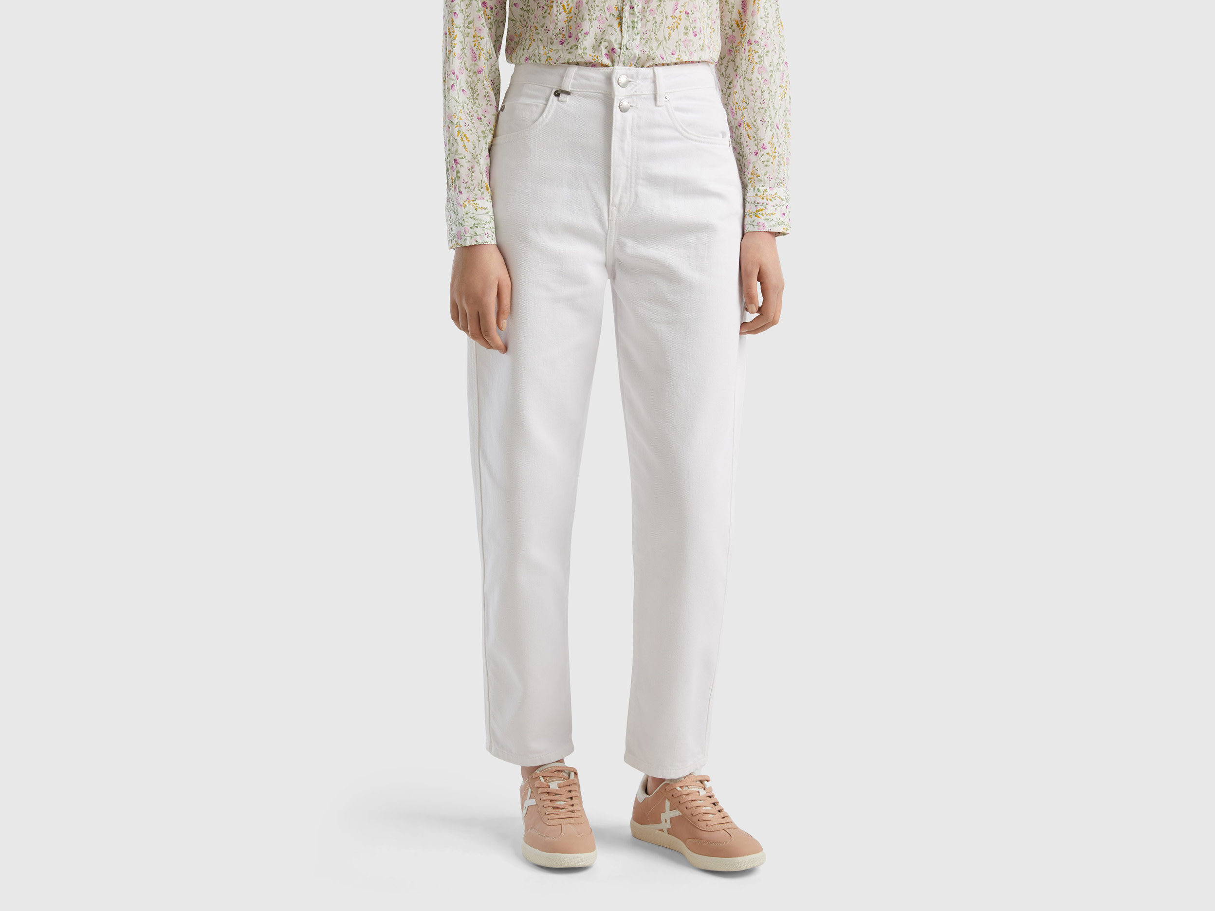 Benetton, Pantaloni Mom Fit, Bianco, Donna