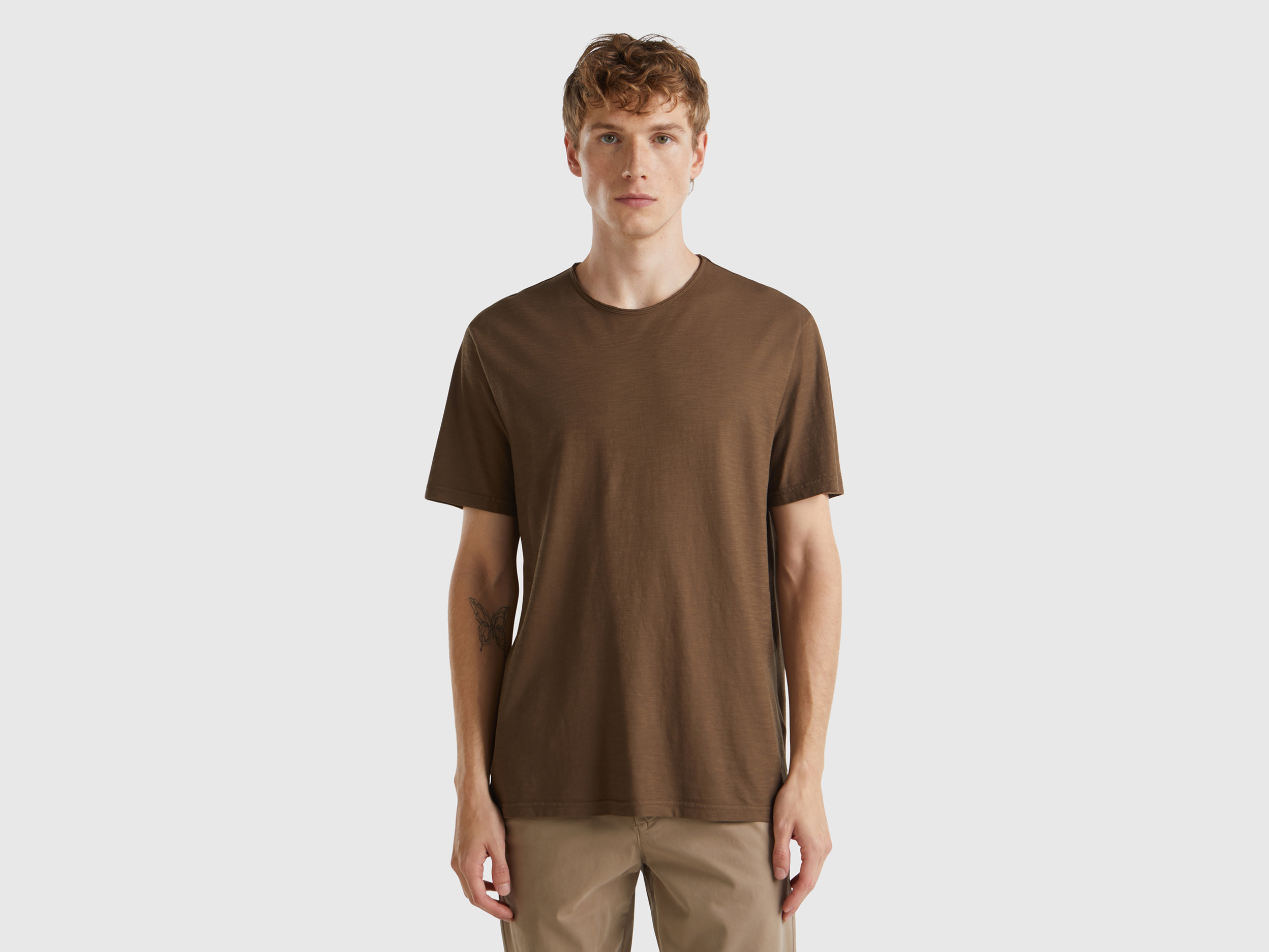 Benetton, T-shirt Caffé In Cotone Fiammato, Marrone, Uomo