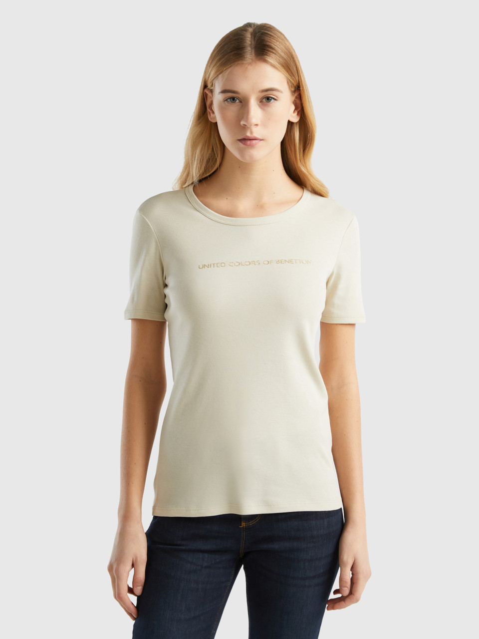Benetton, Camiseta De 100% Algodón Con Estampado De Logotipo Con Glitter, Beige, Mujer