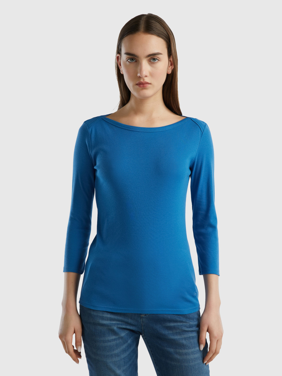 Benetton, Camiseta De 100 % Algodón Con Escote Barco, Azul, Mujer