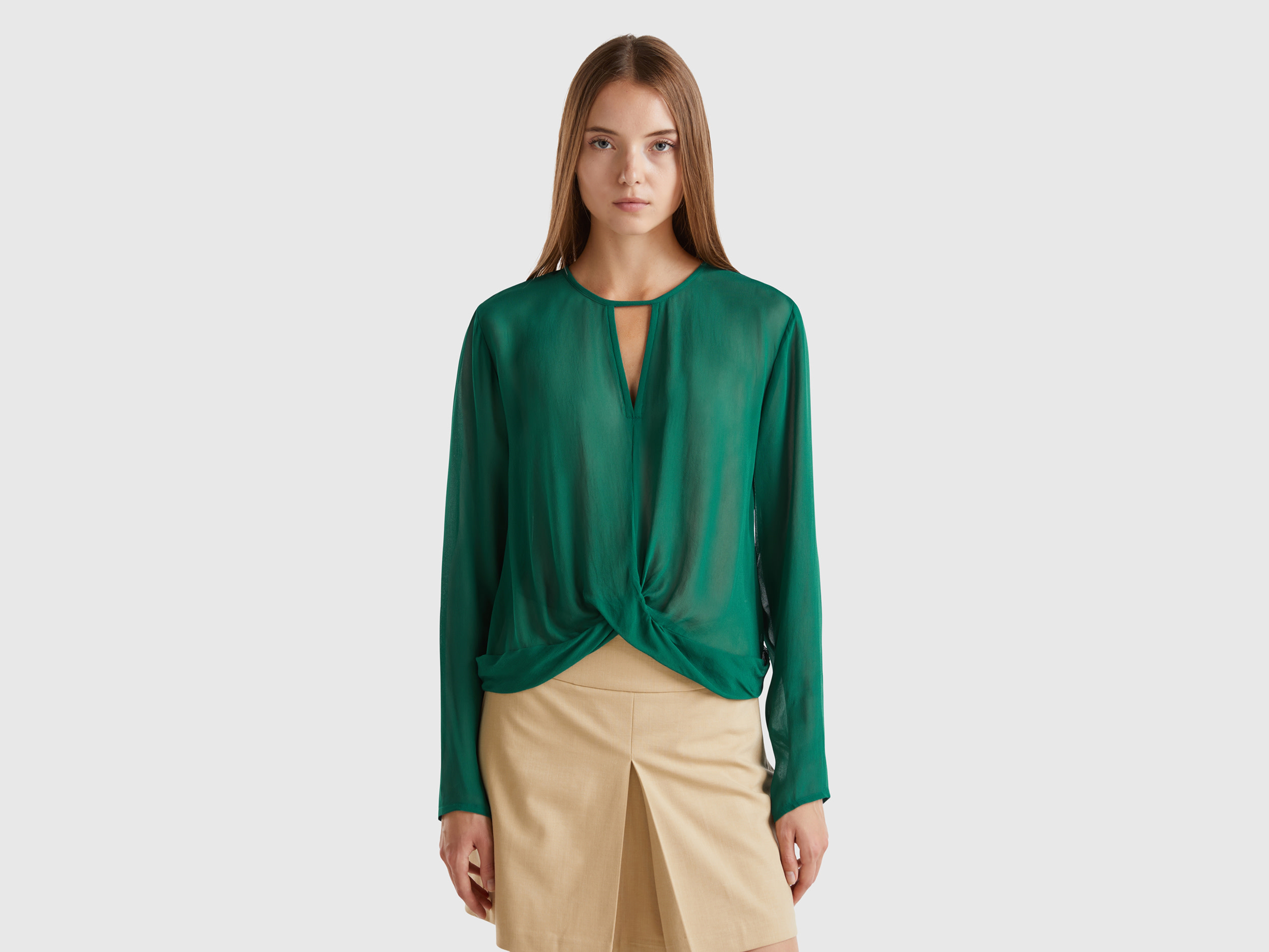 Benetton, Blusa In Pura Viscosa, Verde Scuro, Donna