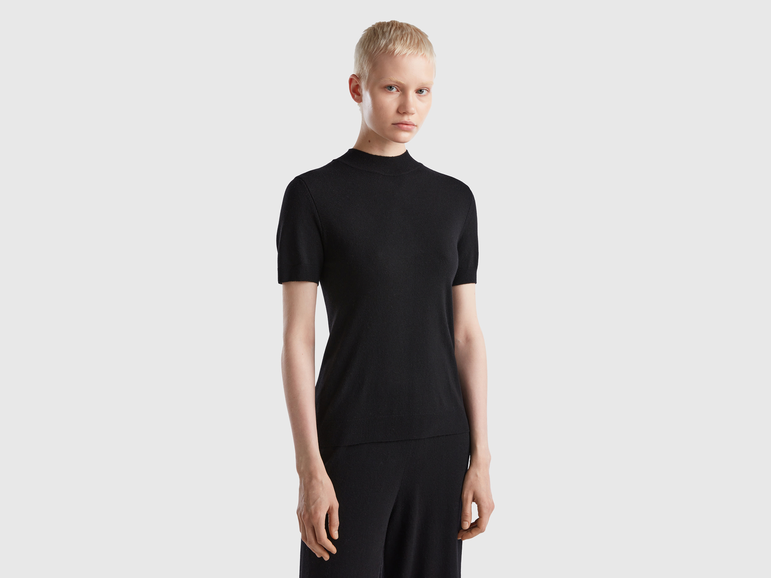 Benetton, Black Short Sleeve Sweater In Cashmere Blend, size S, Black, Women