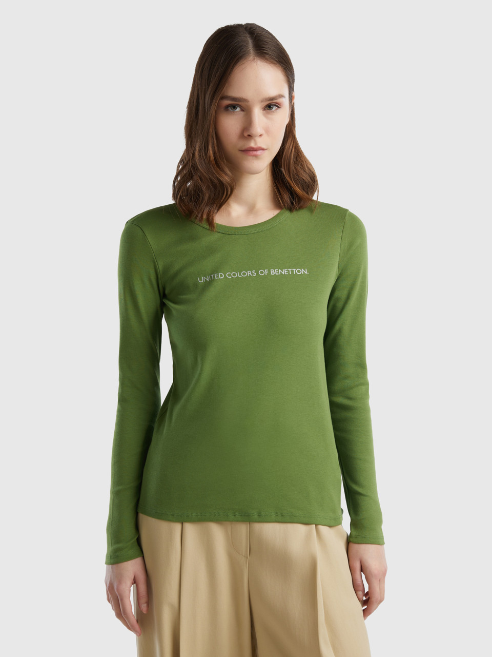 Benetton, Camiseta De Manga Larga De 100 % Algodón Verde Militar, Militar, Mujer