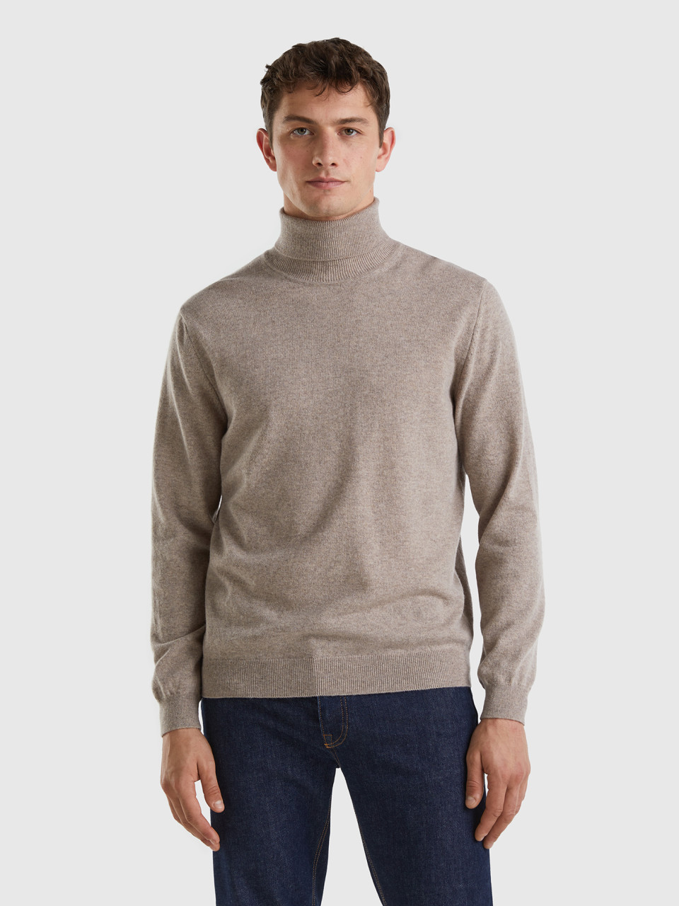 Benetton, Dove Gray Turtleneck In Pure Merino Wool, Dove Gray, Men