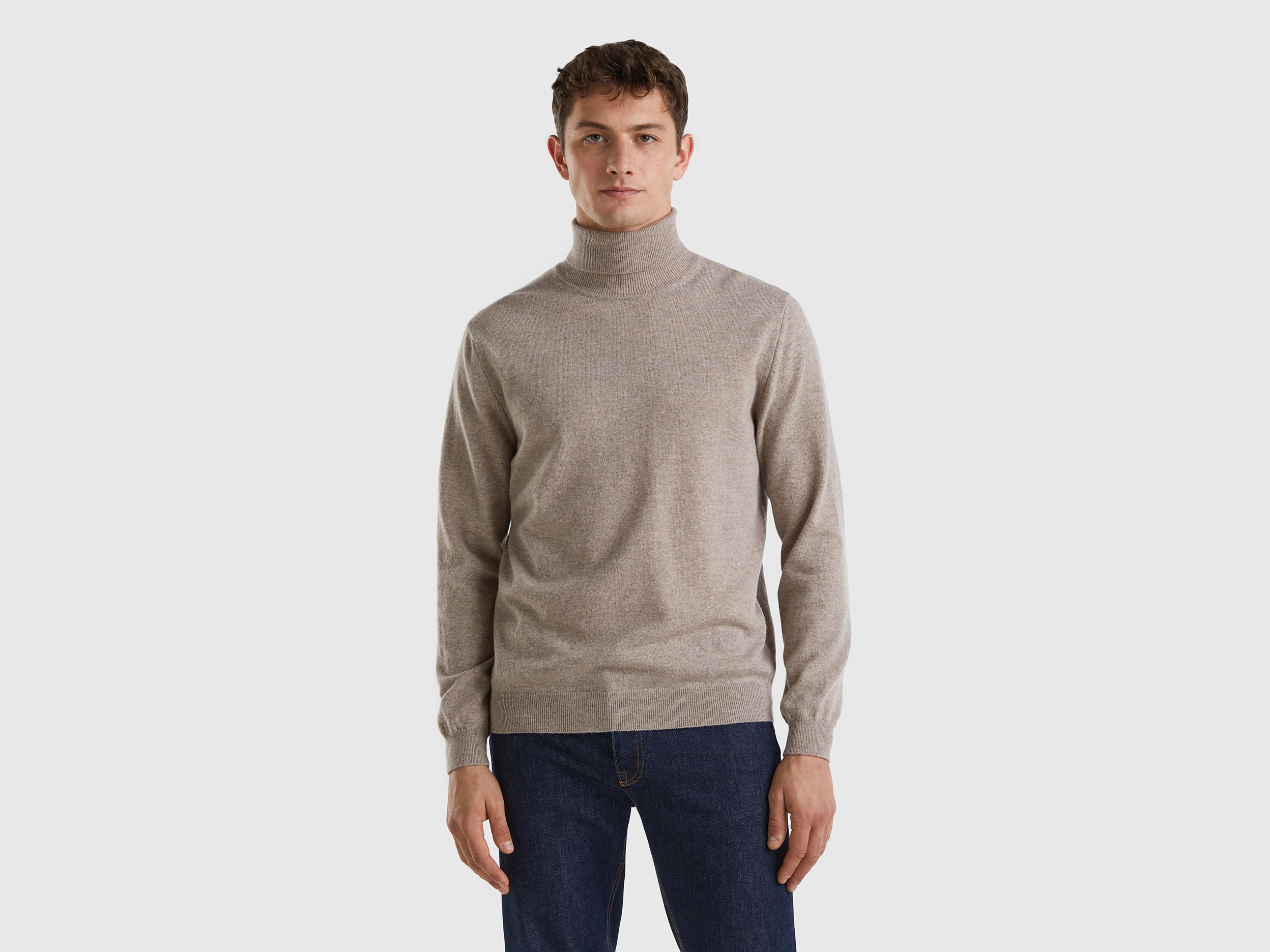 Benetton, Dove Gray Turtleneck In Pure Merino Wool, size XXL, Dove Gray, Men