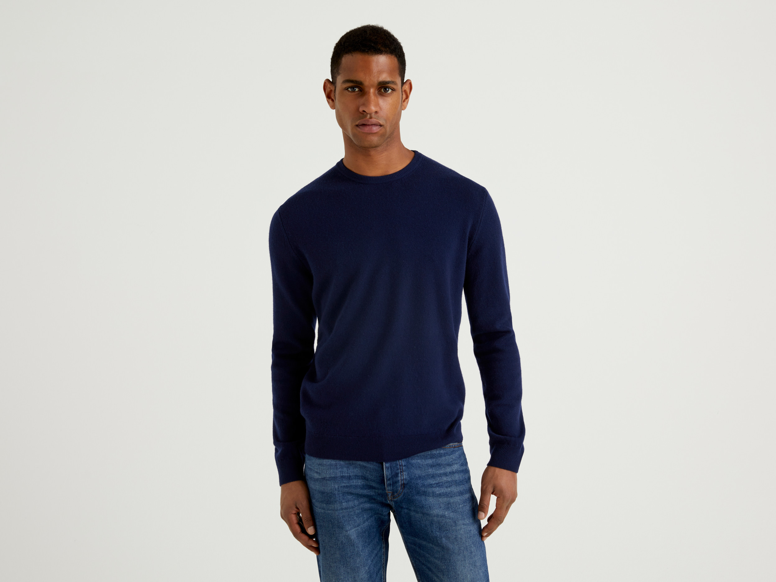 Benetton, Maglia Girocollo Blu Scuro In Pura Lana Merino, Blu Scuro, Uomo Benetton, Maglia Girocollo Blu Scuro In Pura Lana Merino, Blu Scuro, Uomo
