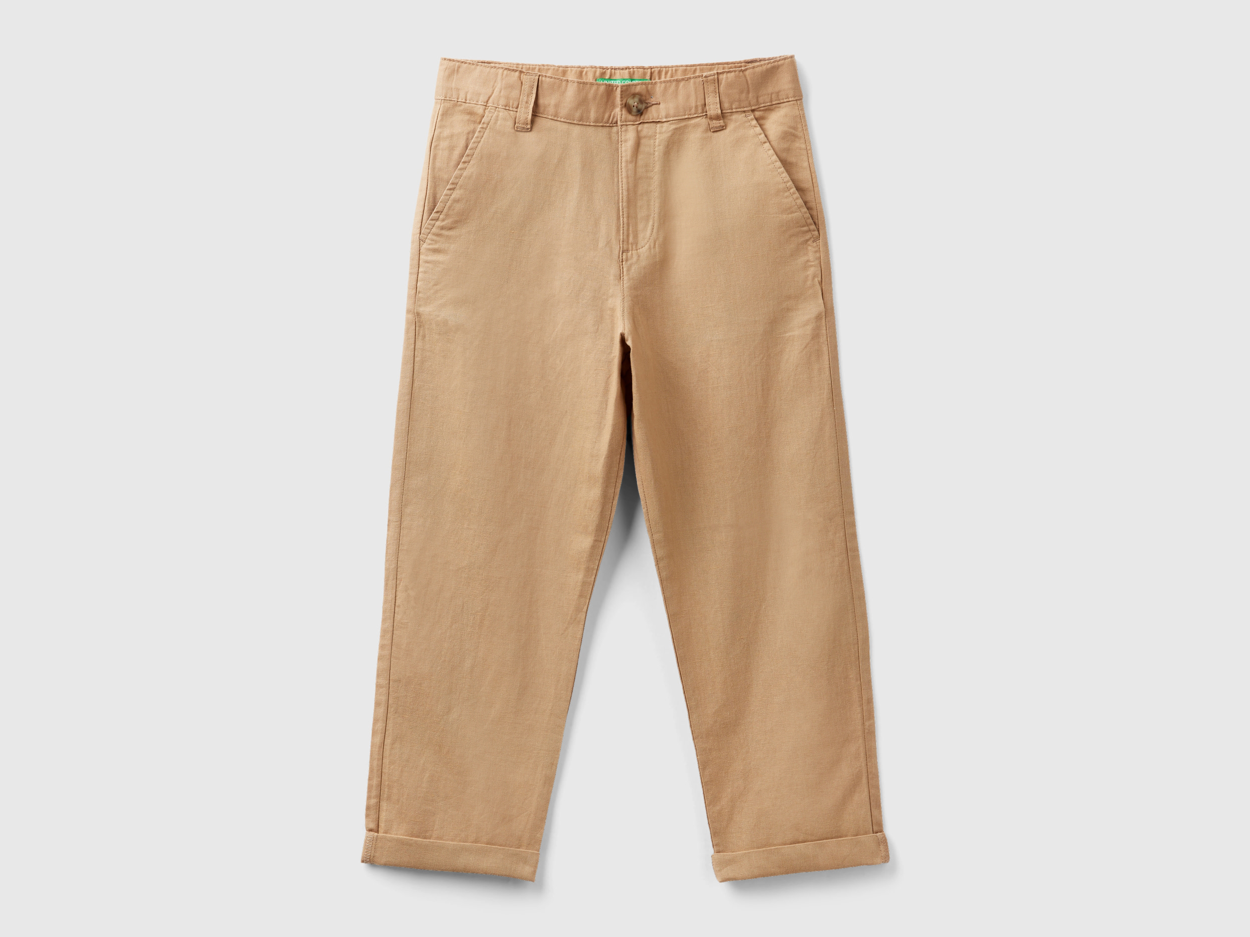 Benetton, Pantaloni Relaxed Fit In Misto Lino, Cammello, Bambini