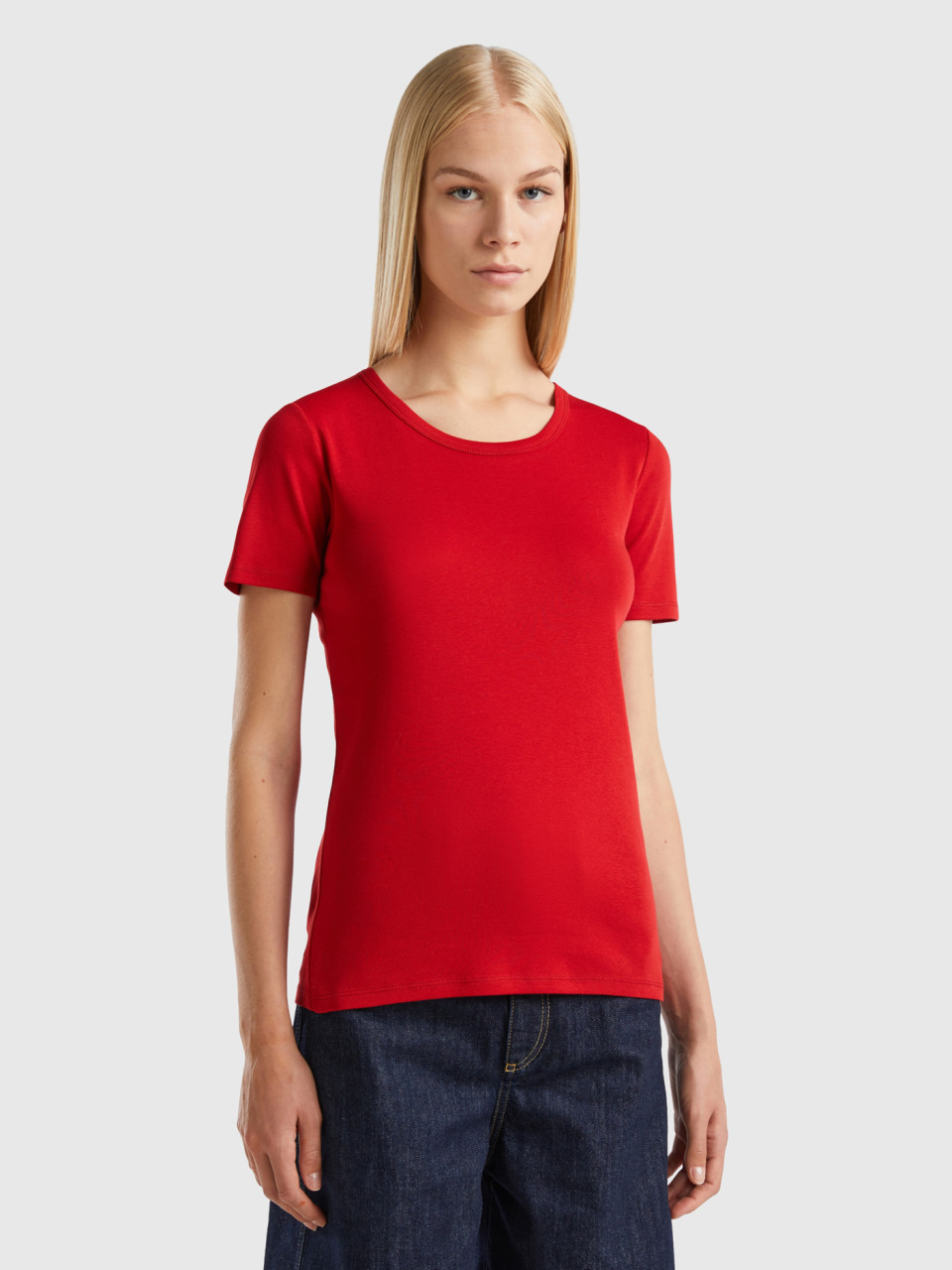 Benetton, T-shirt Aus Langfaseriger Baumwolle, Rot, female