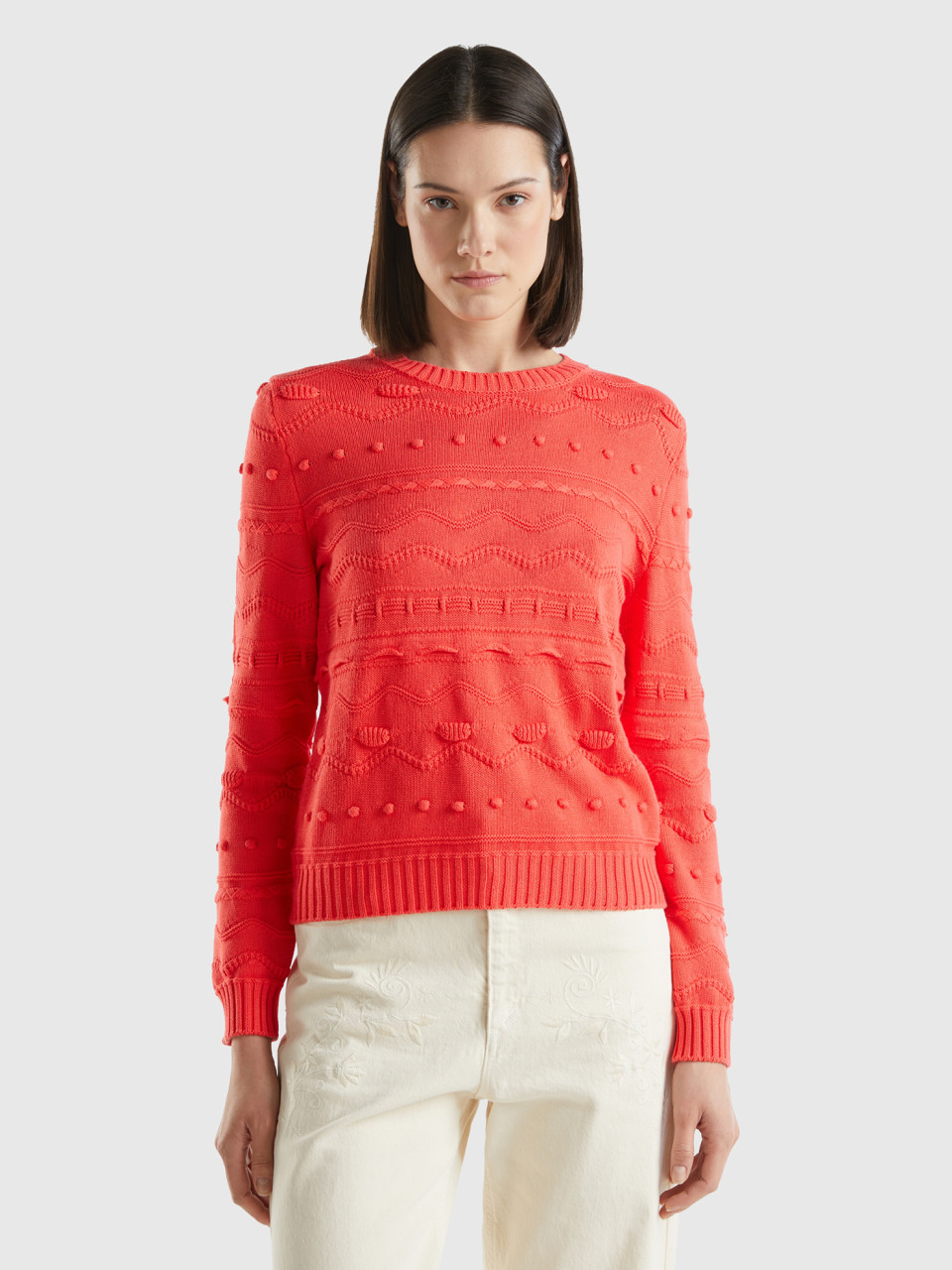 Benetton, Coral Red Knitted Sweater, , Women