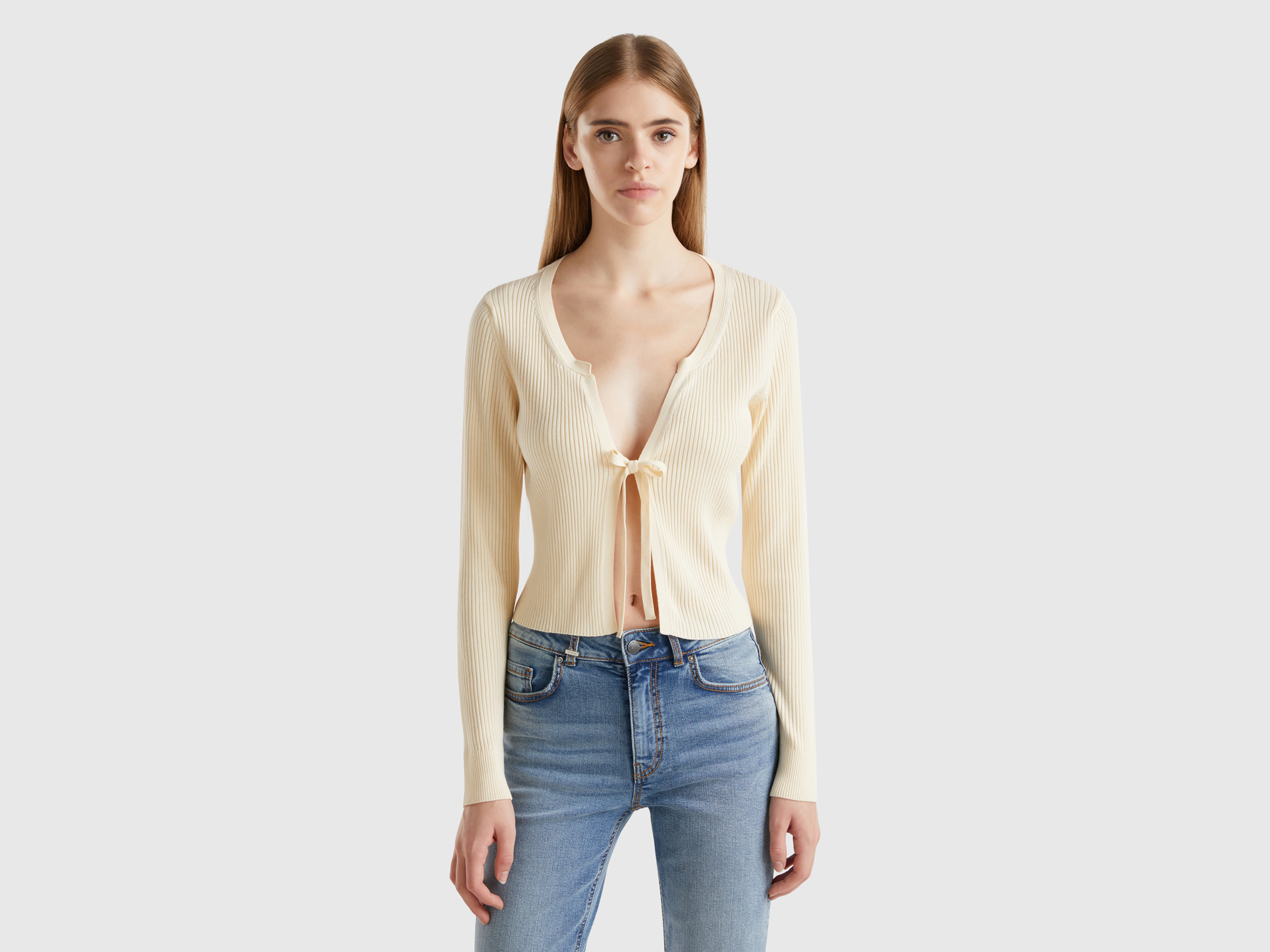 Benetton, Cardigan Cropped Con Laccetti, Bianco Panna, Donna