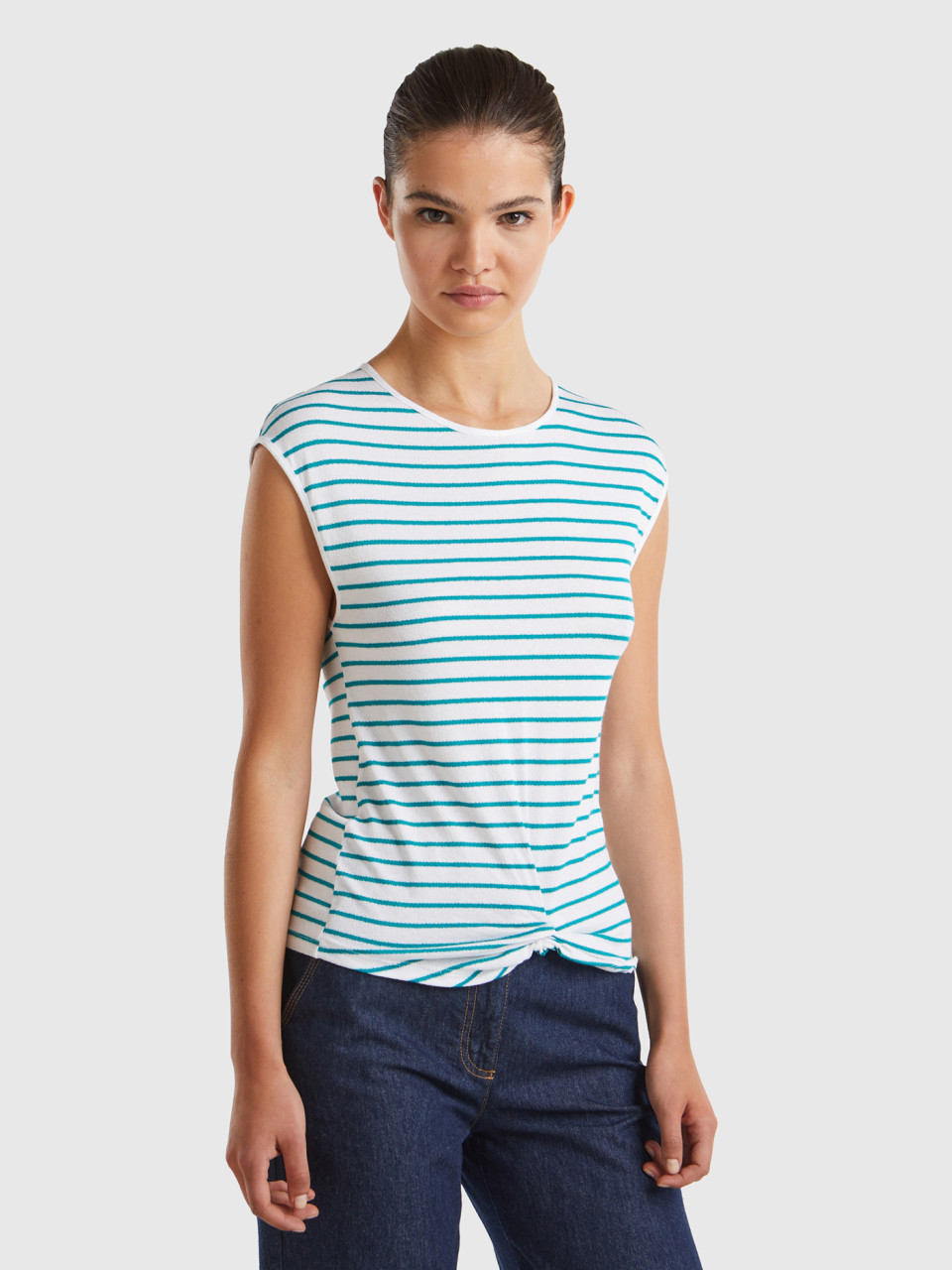 Benetton, Striped T-shirt With Knot, Teal, Women