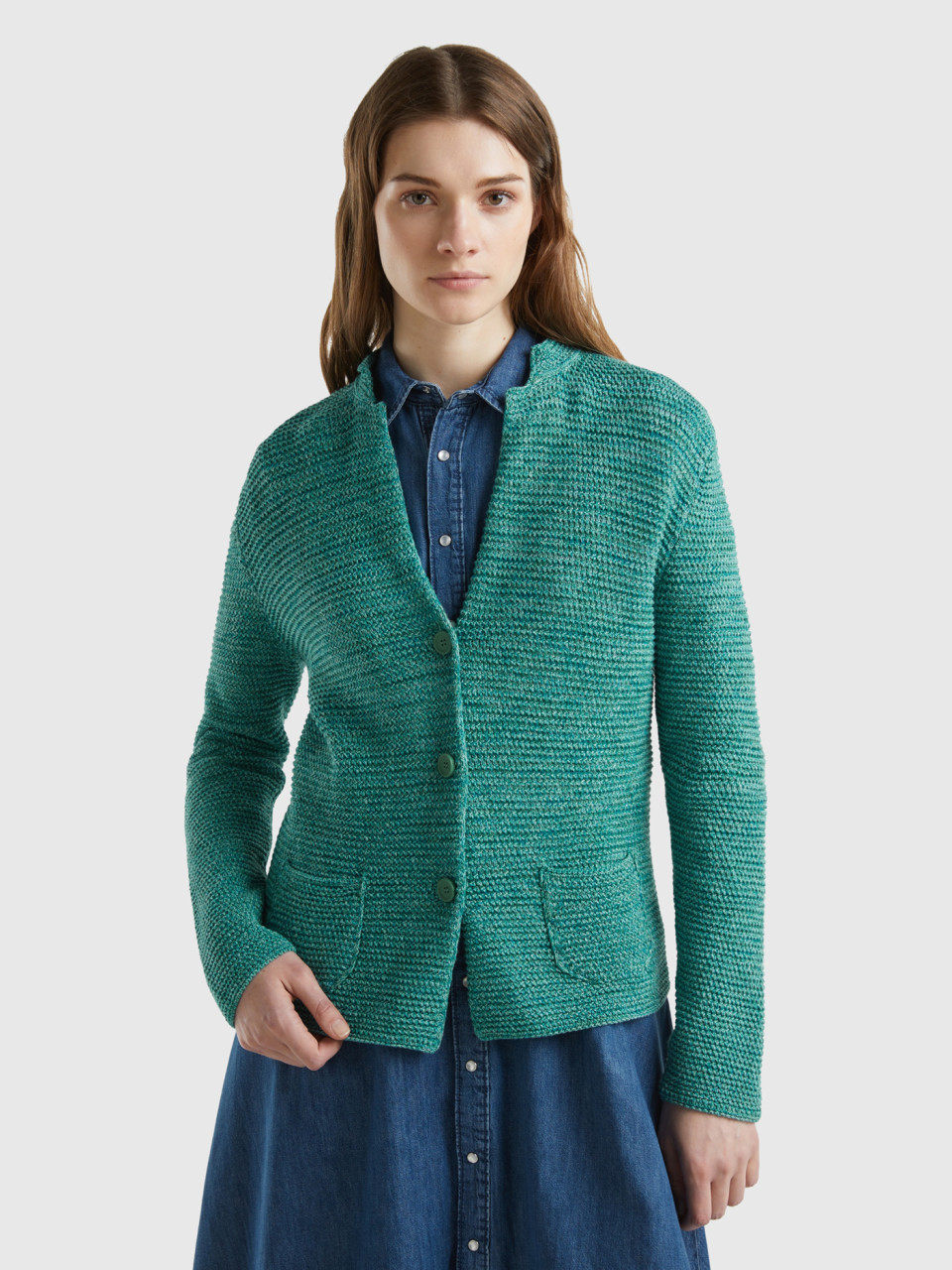 Benetton, 100% Cotton Knit Jacket, Teal, Women