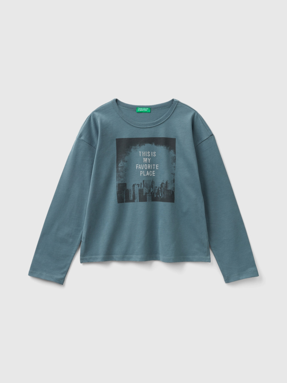 Benetton, T-shirt With Print And Studs, Teal, Kids