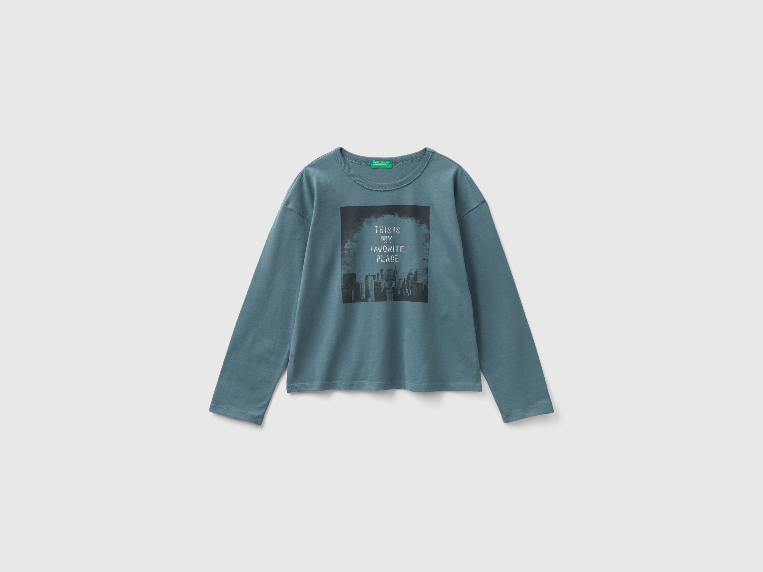 Benetton, T-shirt With Print And Studs, size 3XL, Teal, Kids