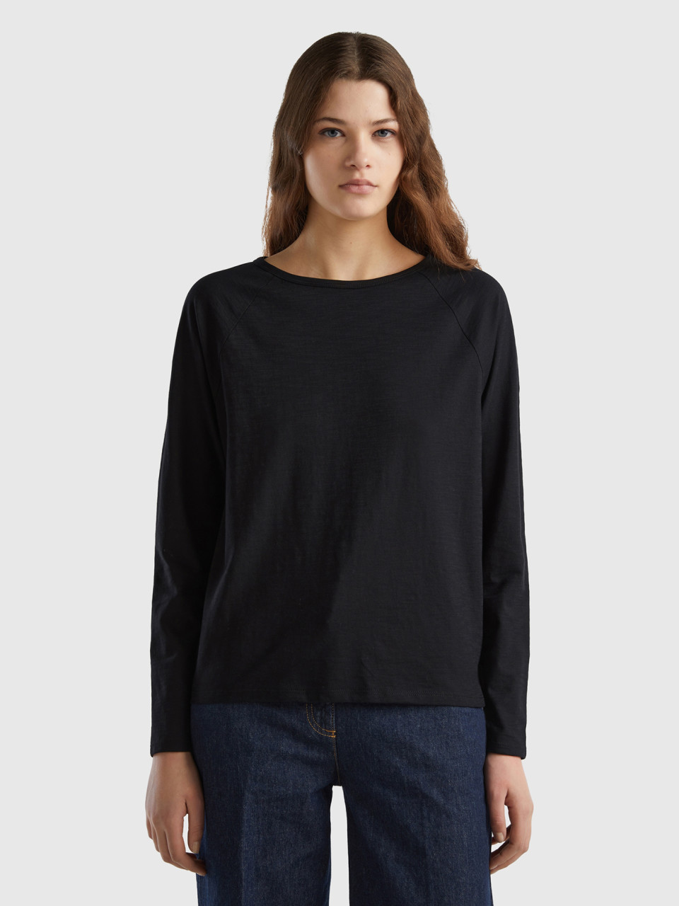 Benetton, Long Sleeve T-shirt In Light Cotton, Black, Women