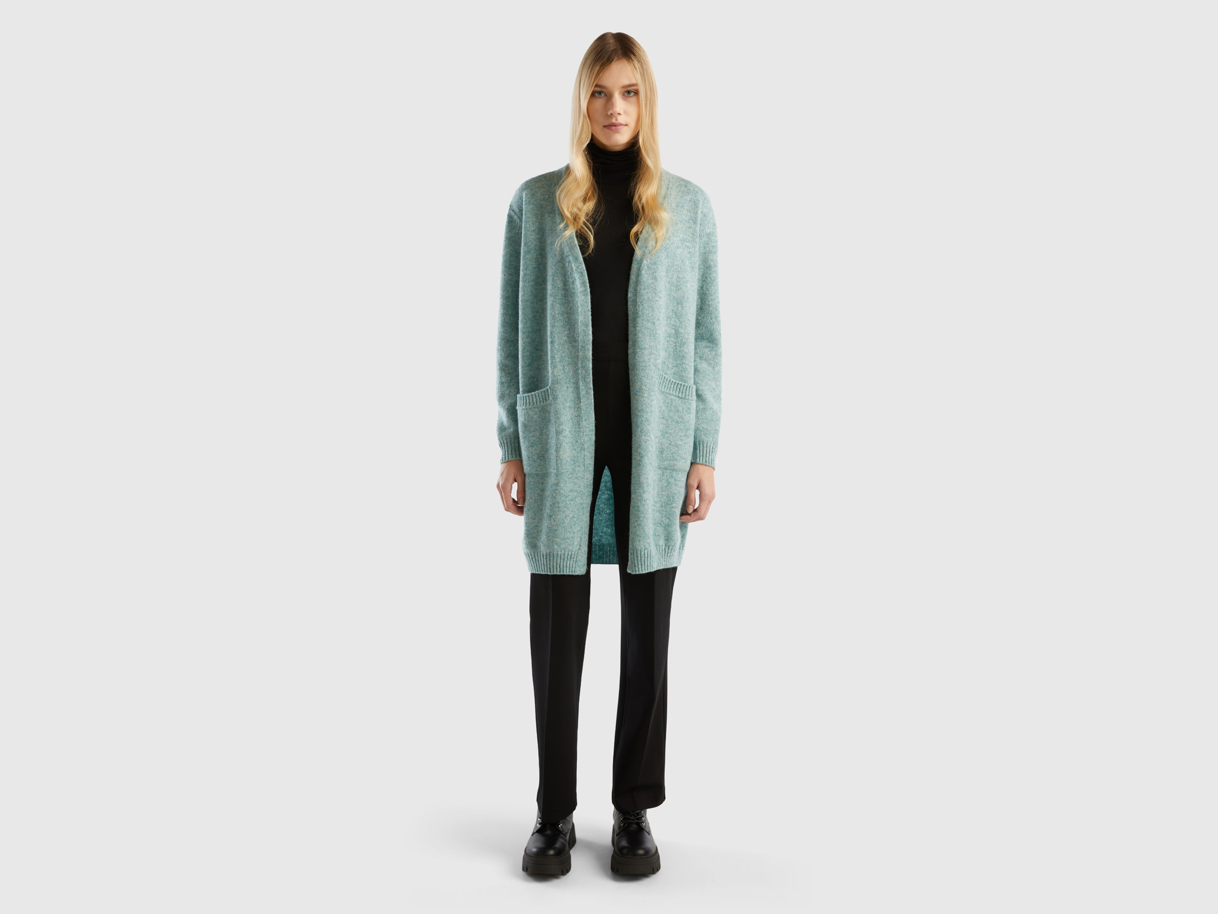 Benetton, Long Cardigan In Pure Shetland Wool, size XS-S, Aqua, Women