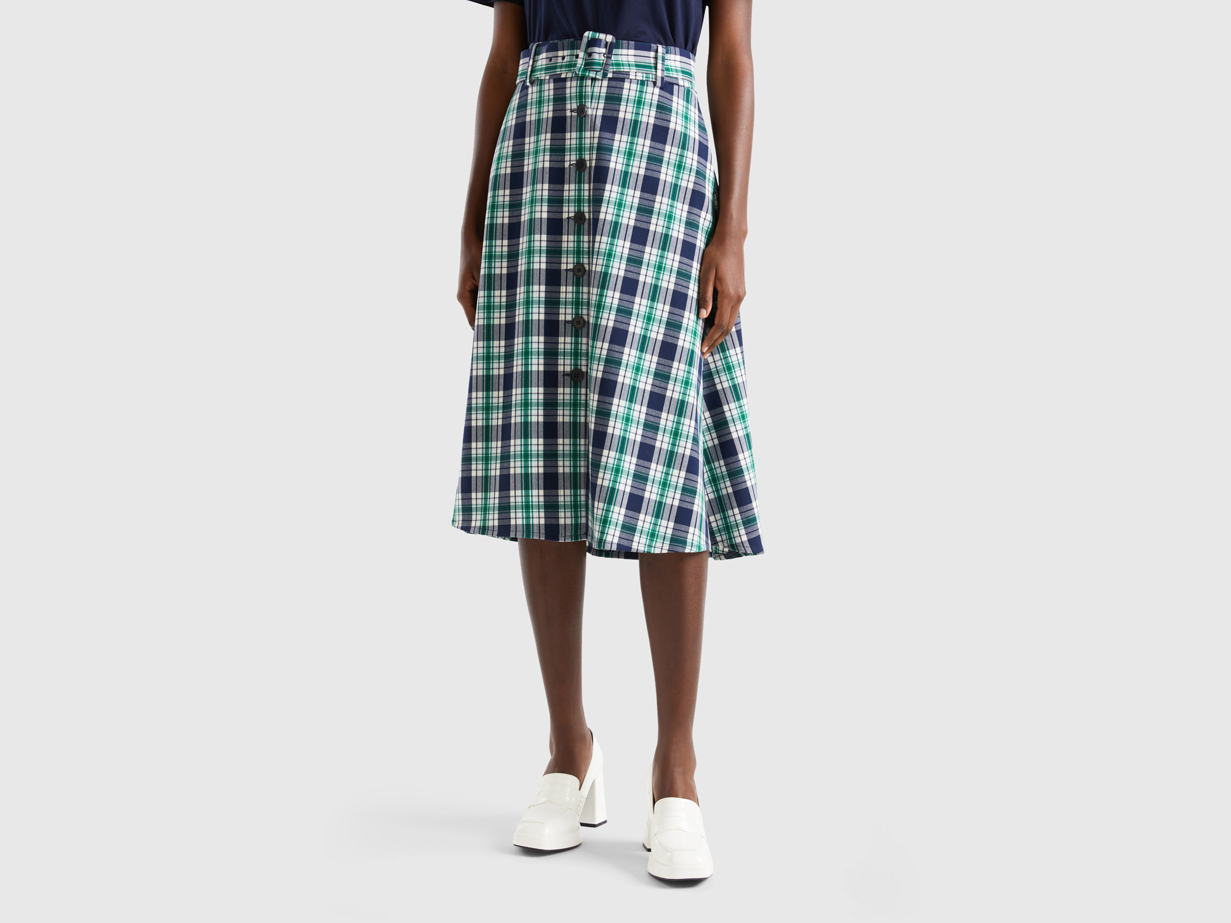 Benetton, Tartan Midi Skirt, size 14, Multi-color, Women