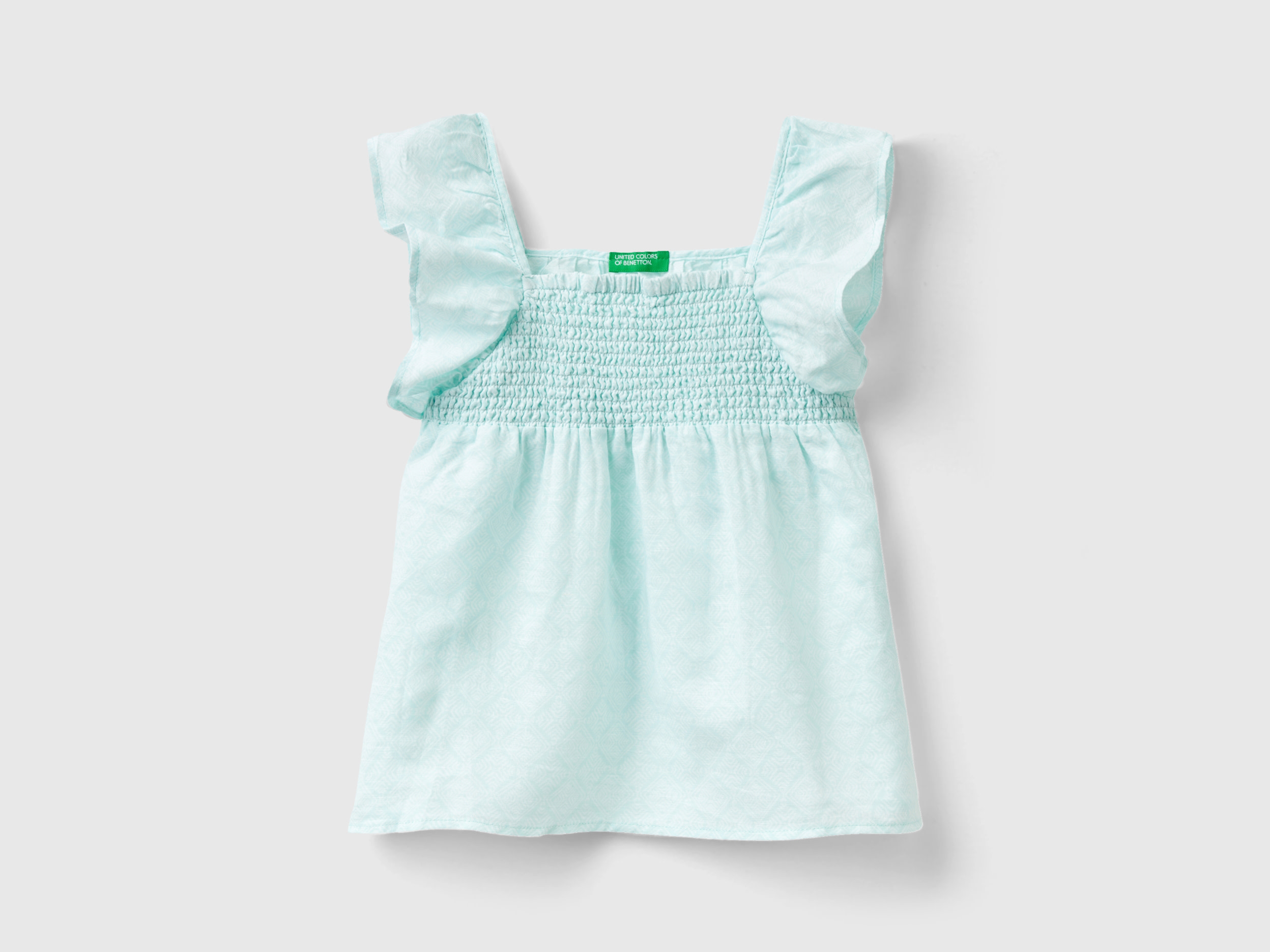 Benetton, Blusa Fantasia In Misto Lino, Verde Acqua, Bambini
