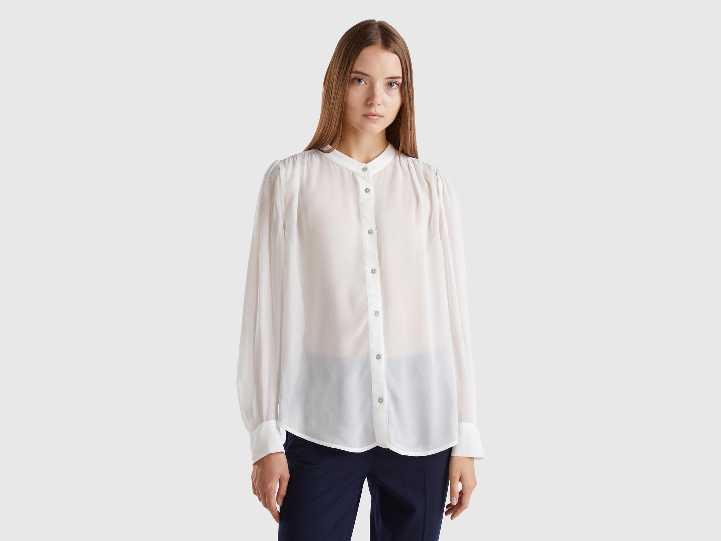 Benetton, Camicia Fluida Coreana, Bianco Panna, Donna