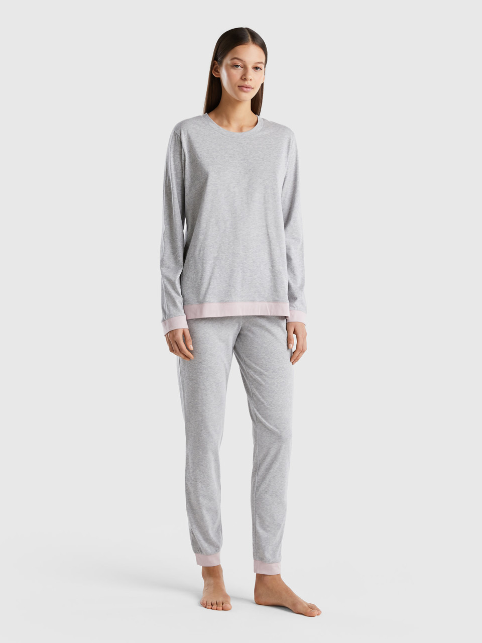 Benetton, Pyjamas In Long Fiber Cotton, Light Gray, Women