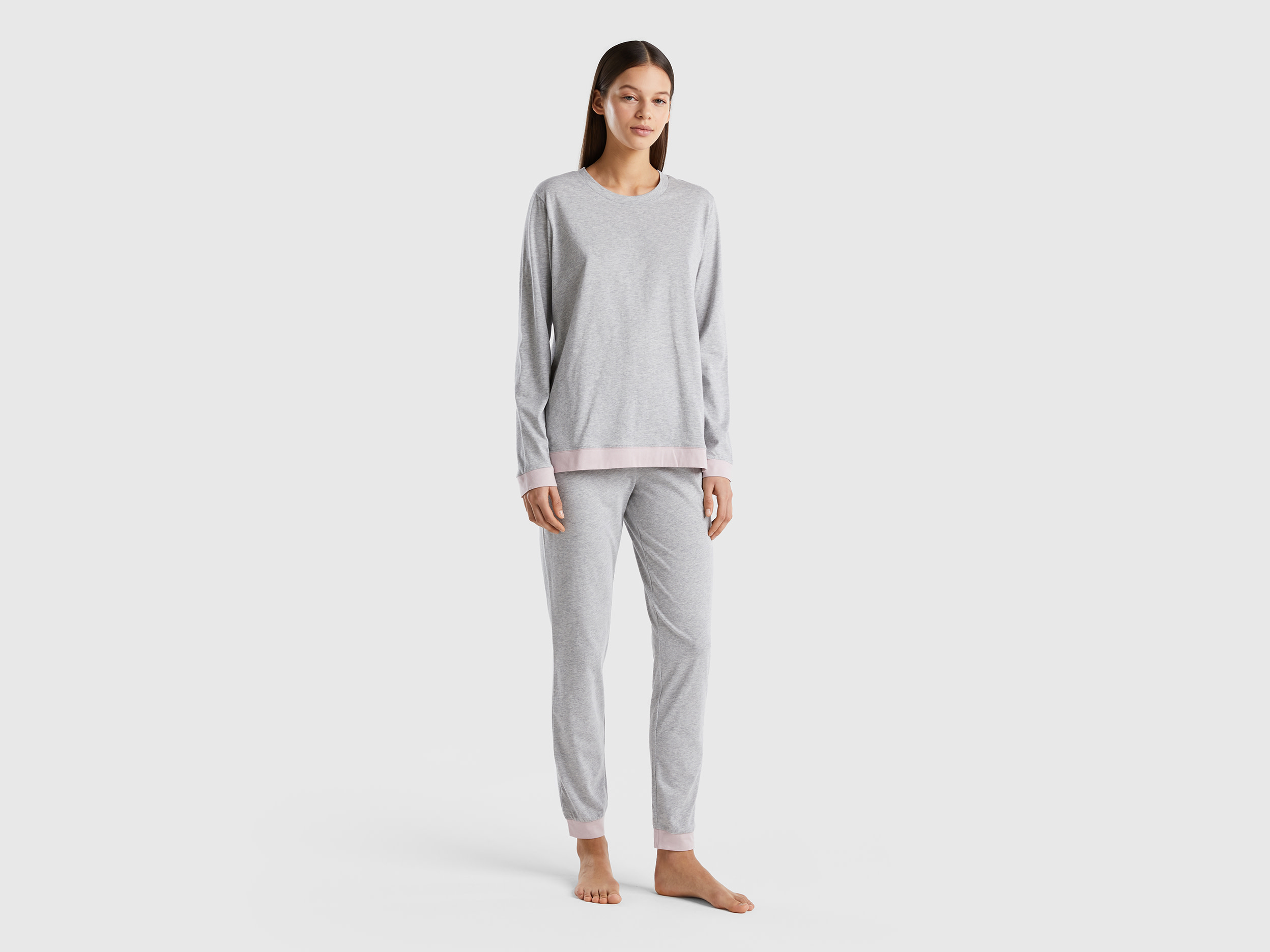 Benetton, Pyjamas In Long Fiber Cotton, size L, Light Gray, Women