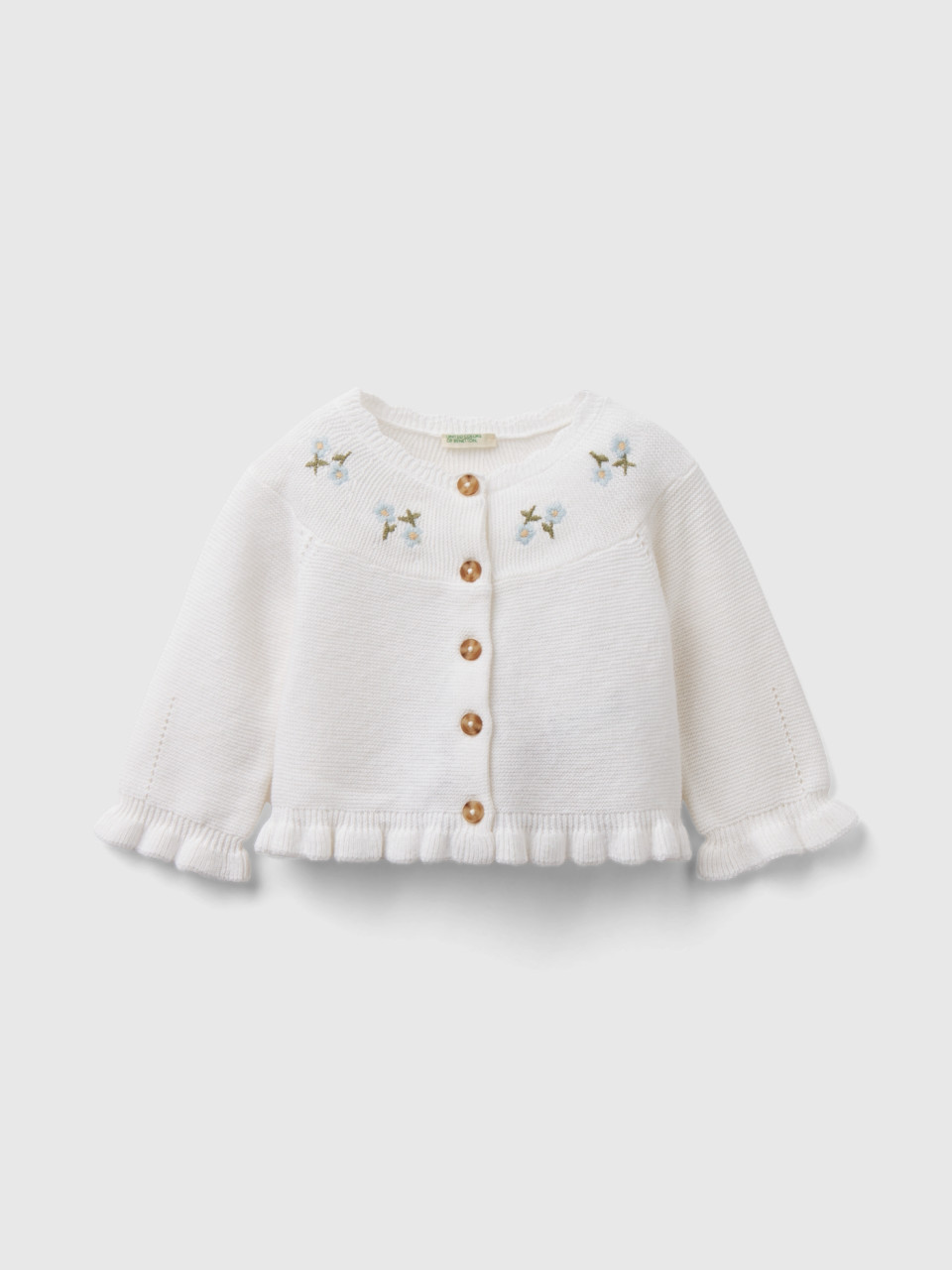 Benetton, Cardigan In Linen Blend With Embroidery, White, Kids