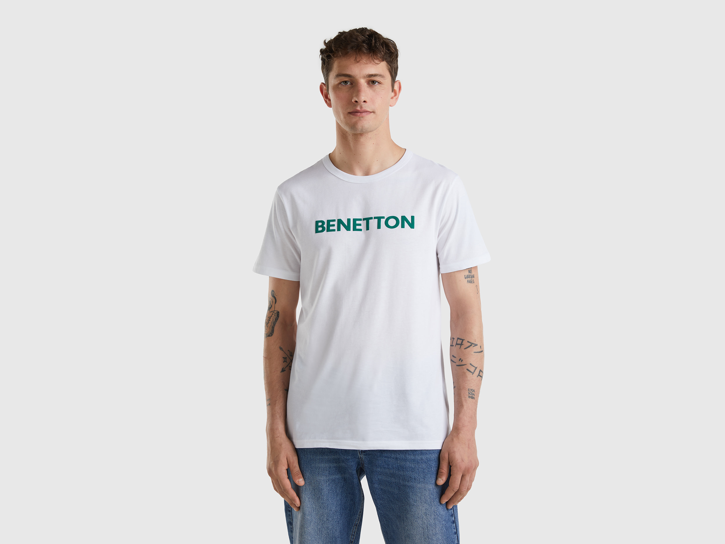 Image of Benetton, White T-shirt In Organic Cotton With Green Logo, size XS, White, Men