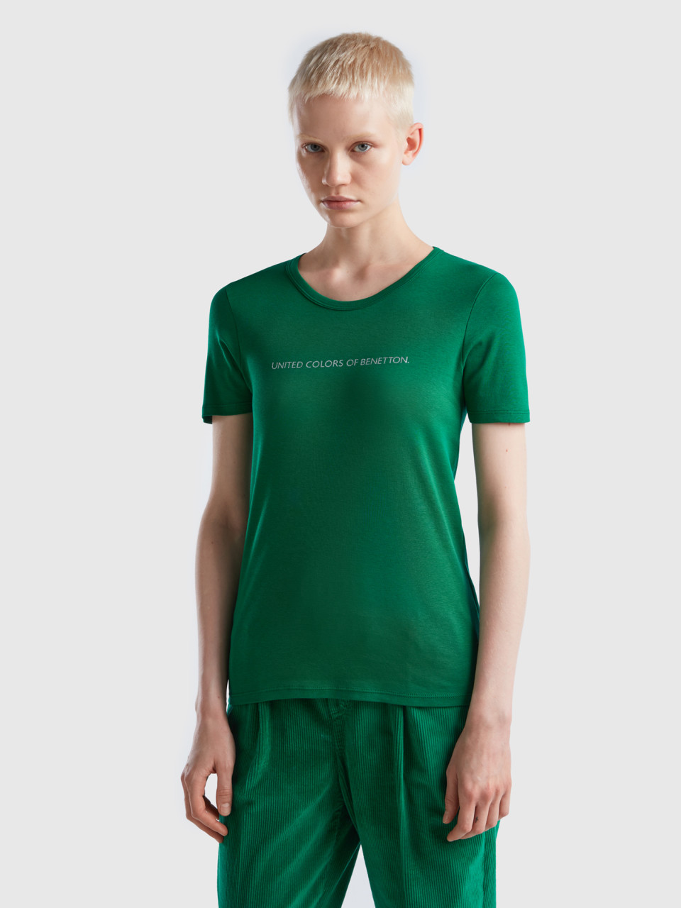 Benetton, T-shirt 100% Coton Avec Logo Imprimé Pailleté, Vert, Femme