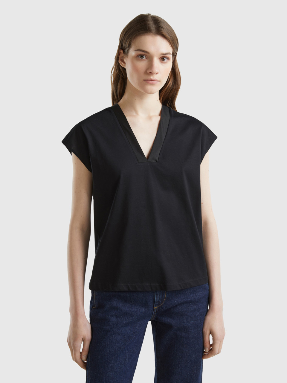 Benetton, T-shirt With Front And Back V-neck, Black, Women