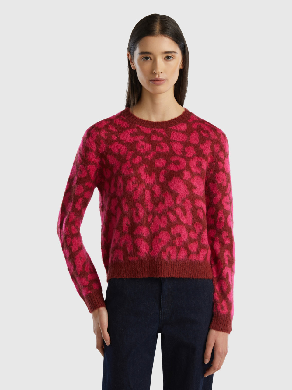 Benetton, Animal Print Sweater In Mohair Blend, Red, Women