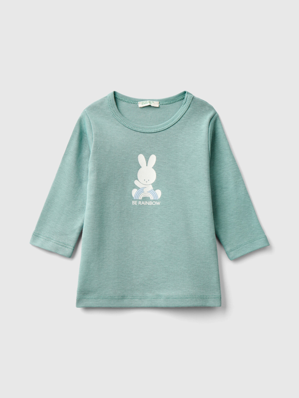 Benetton, Long Sleeve 100% Organic Cotton T-shirt, Aqua, Kids
