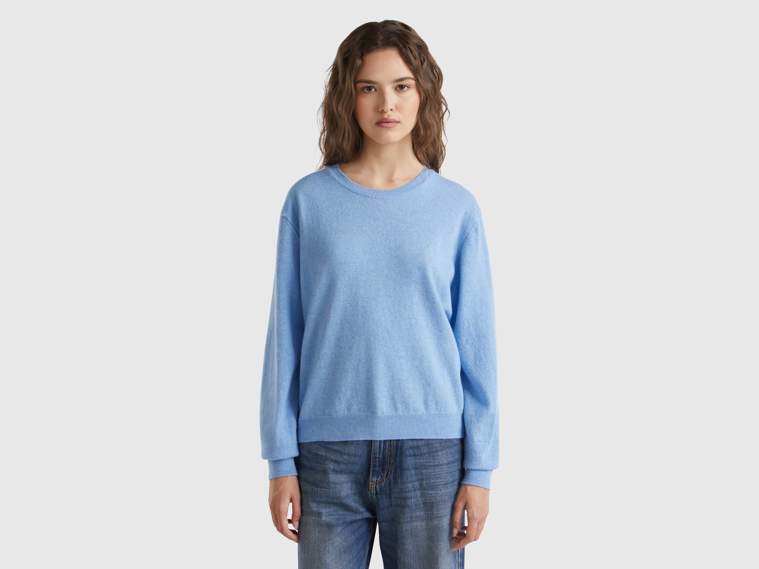 Benetton, Maglia Relaxed Fit In Pura Lana Merino, Celeste, Donna