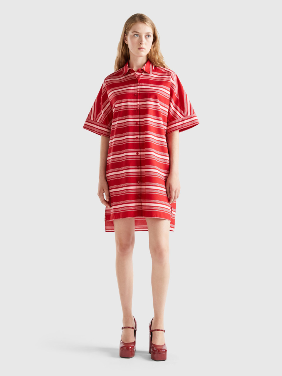 Benetton, Striped Shirt Dress, Red, Women