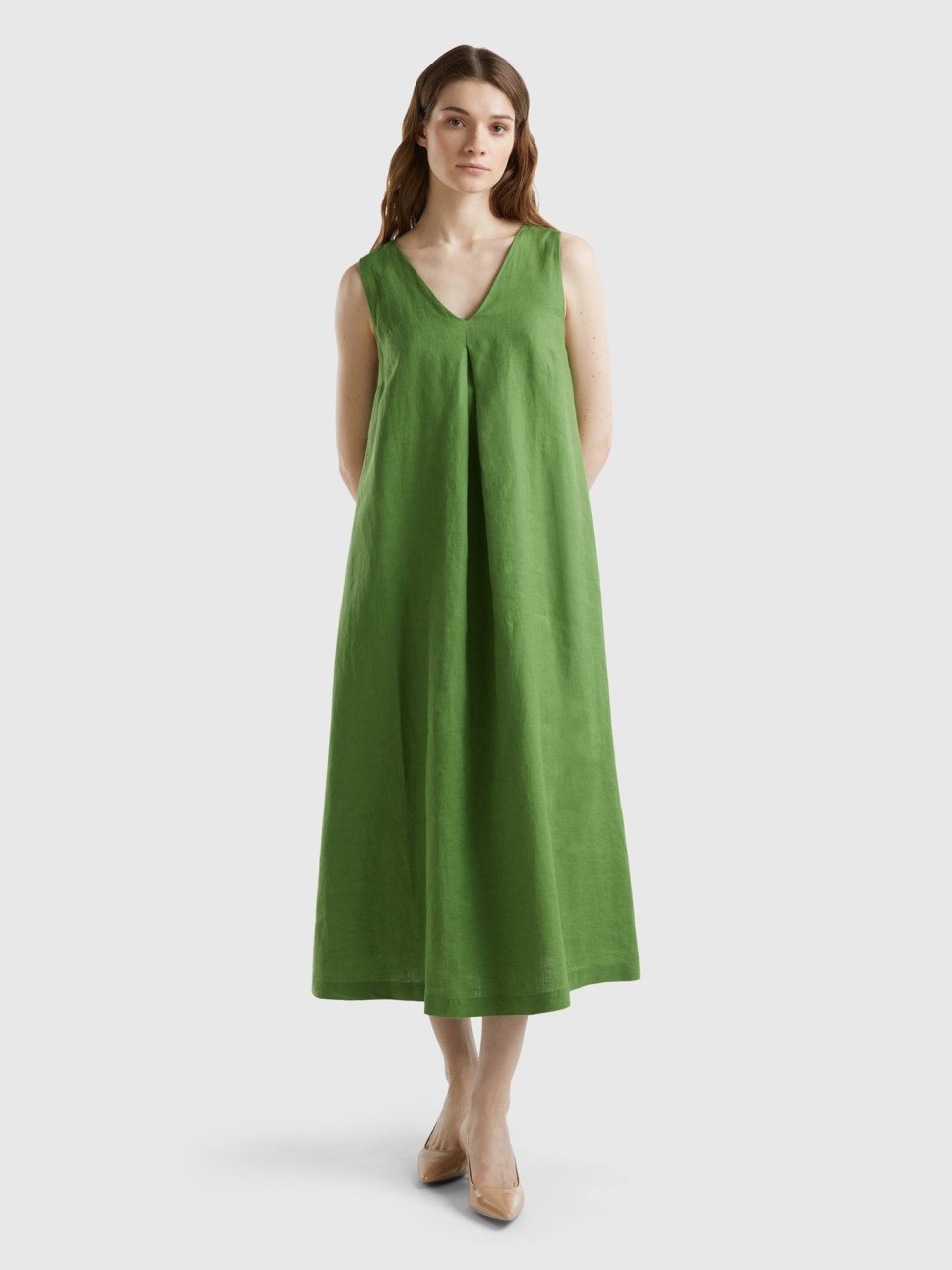 Benetton, Sleeveless Dress In Pure Linen, Military Green, Women