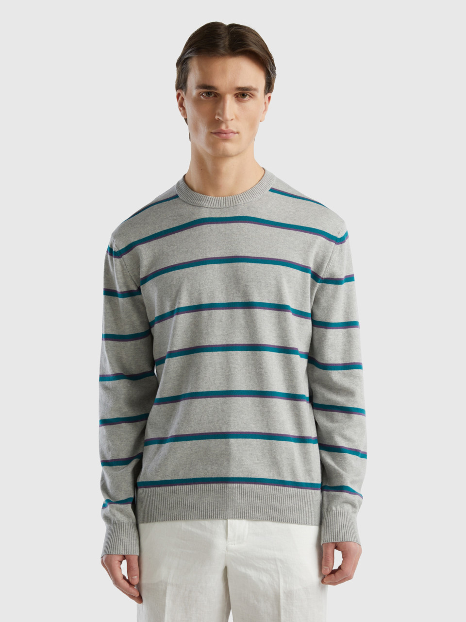 Benetton, Striped 100% Cotton Sweater, Light Gray, Men