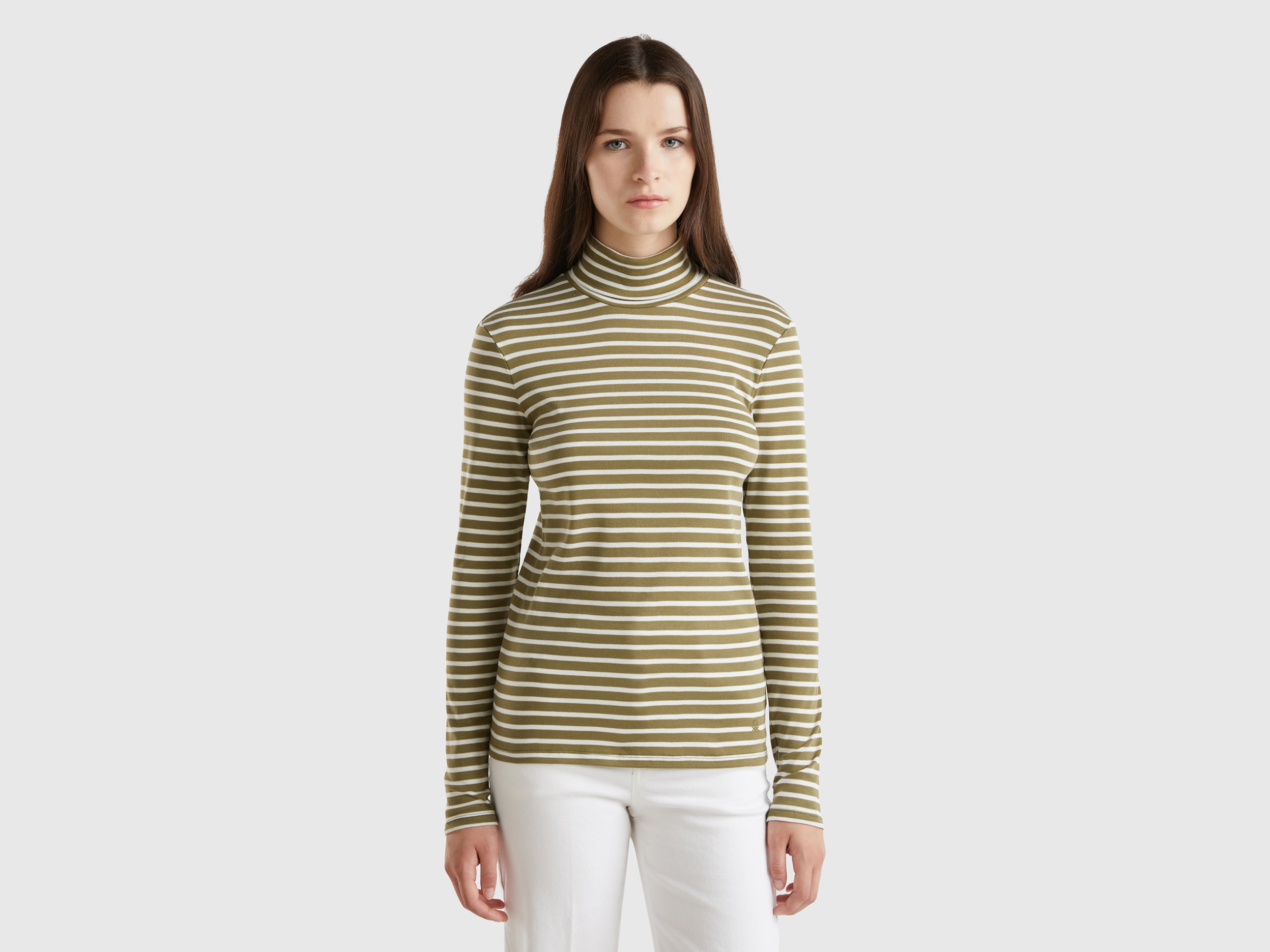 Benetton, T-shirt Lupetto A Righe, Verde Militare, Donna