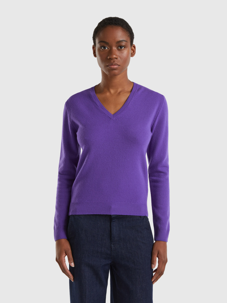 Benetton, Violet V-neck Sweater In Pure Merino Wool, Violet, Women