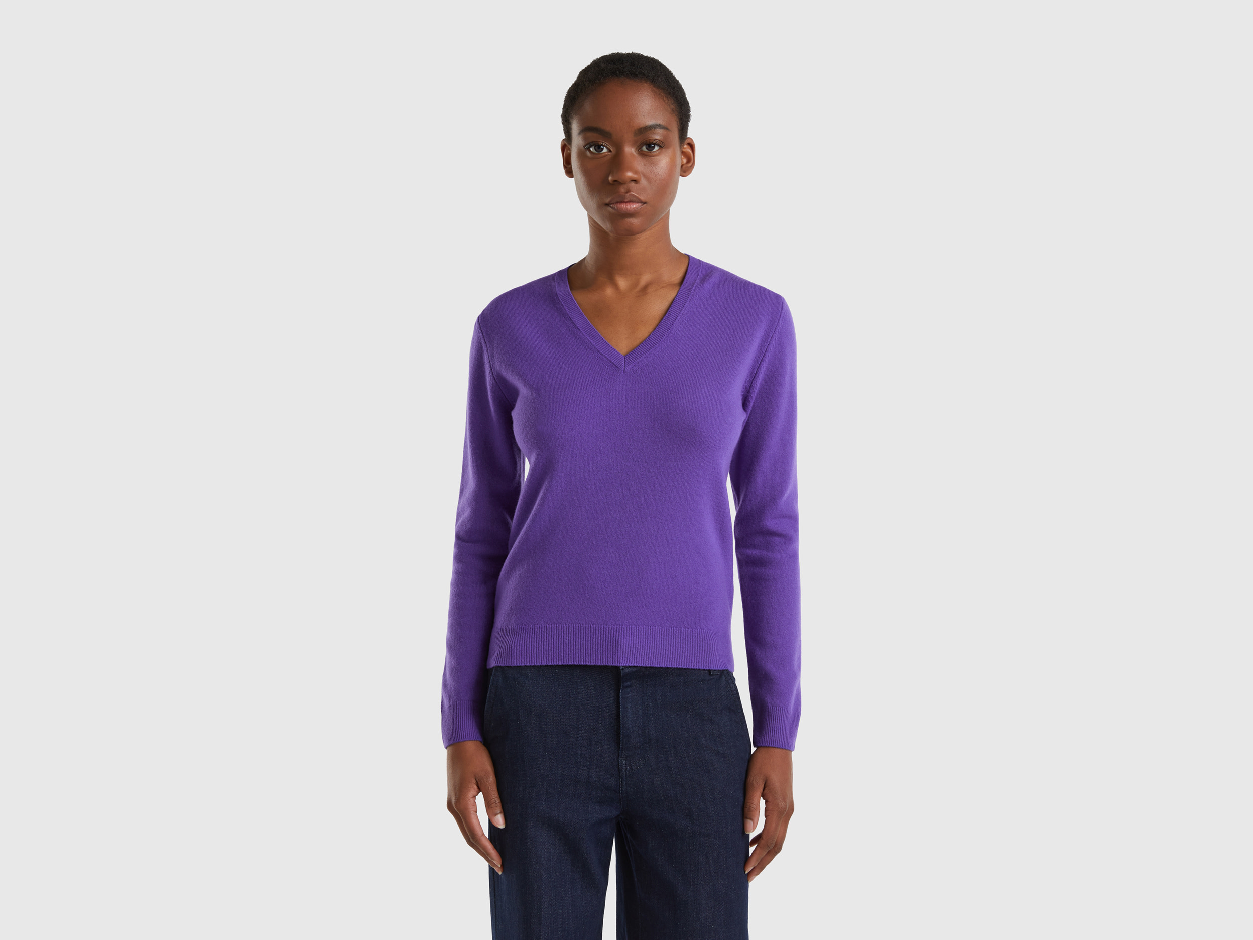 Benetton, Violet V-neck Sweater In Pure Merino Wool, size XS, Violet, Women