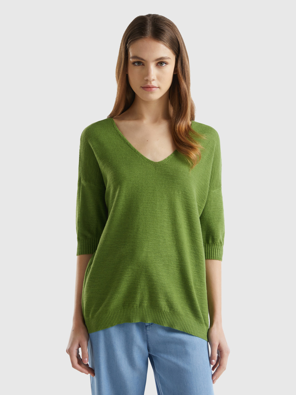 Benetton, Sweater In Linen And Cotton Blend, Military Green, Women