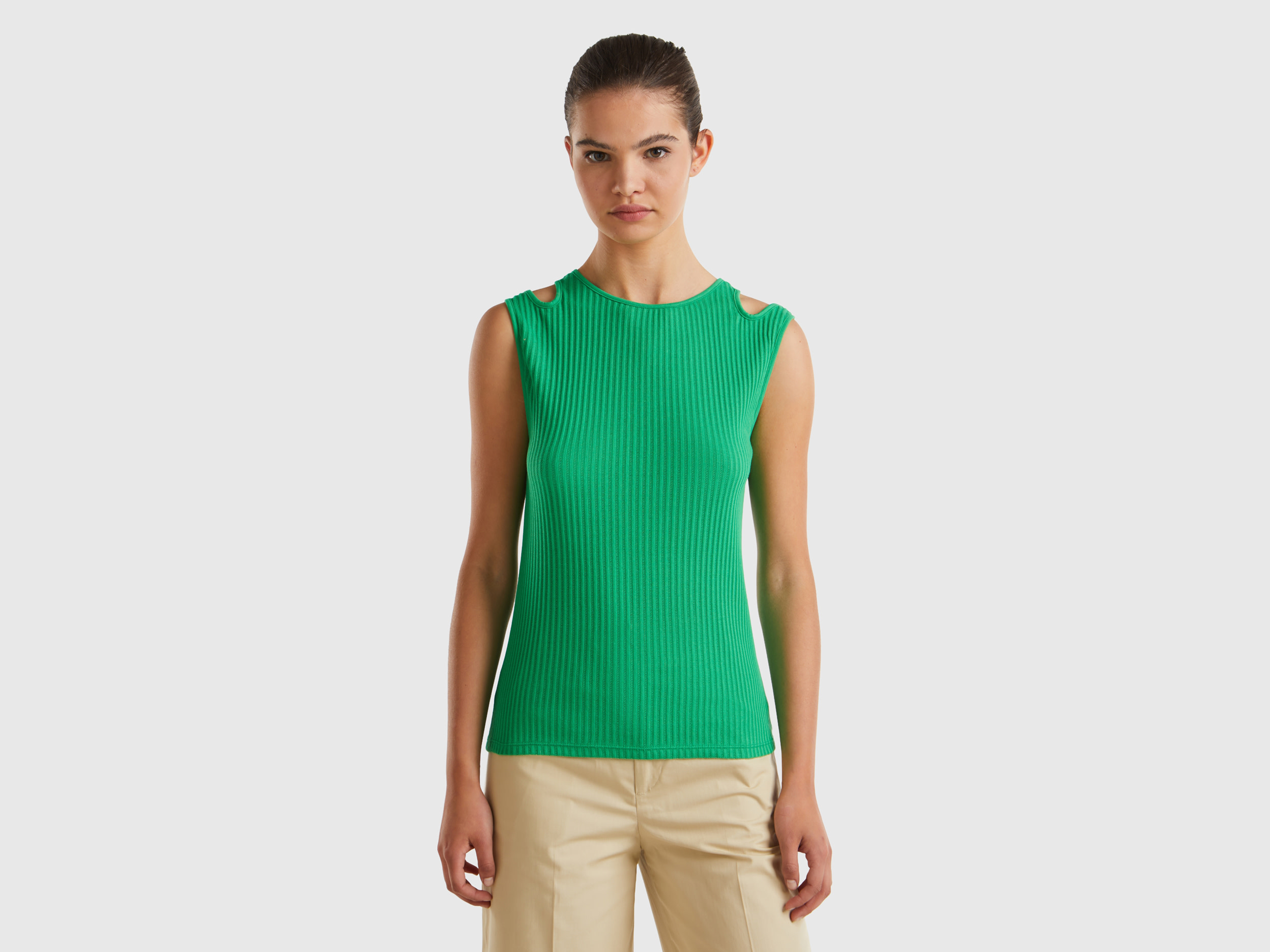 Benetton, Canotta Cut Out Slim Fit, Verde, Donna