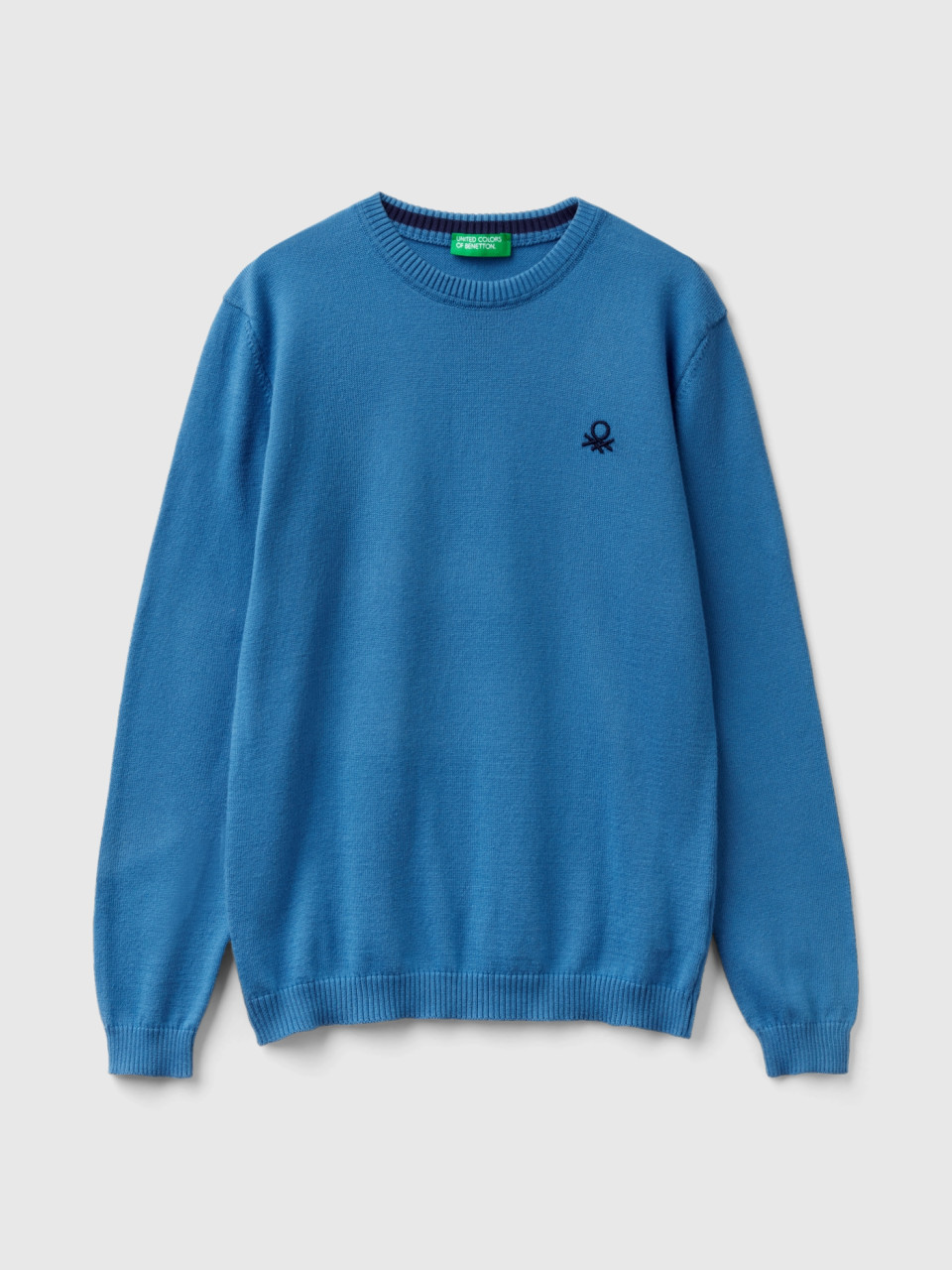 Benetton, Pullover Aus Reiner Baumwolle Mit Logo, Blau, male