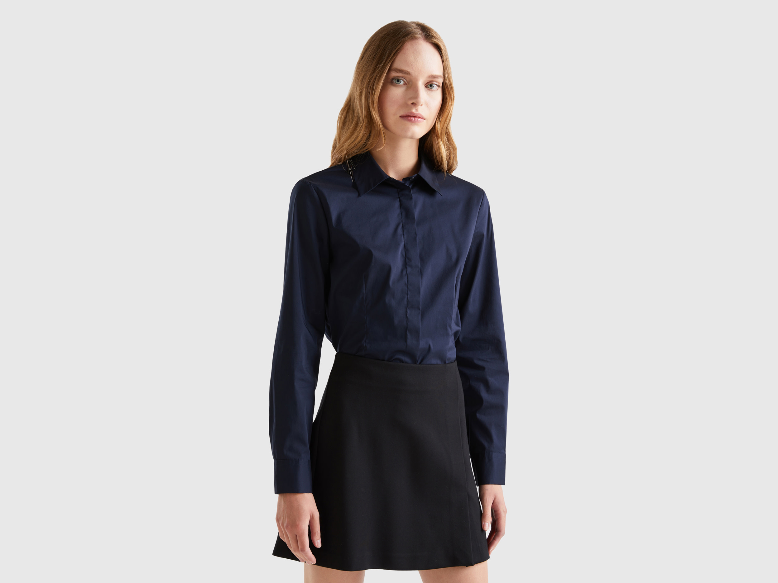 Benetton, Camicia In Misto Cotone Stretch, Blu Scuro, Donna
