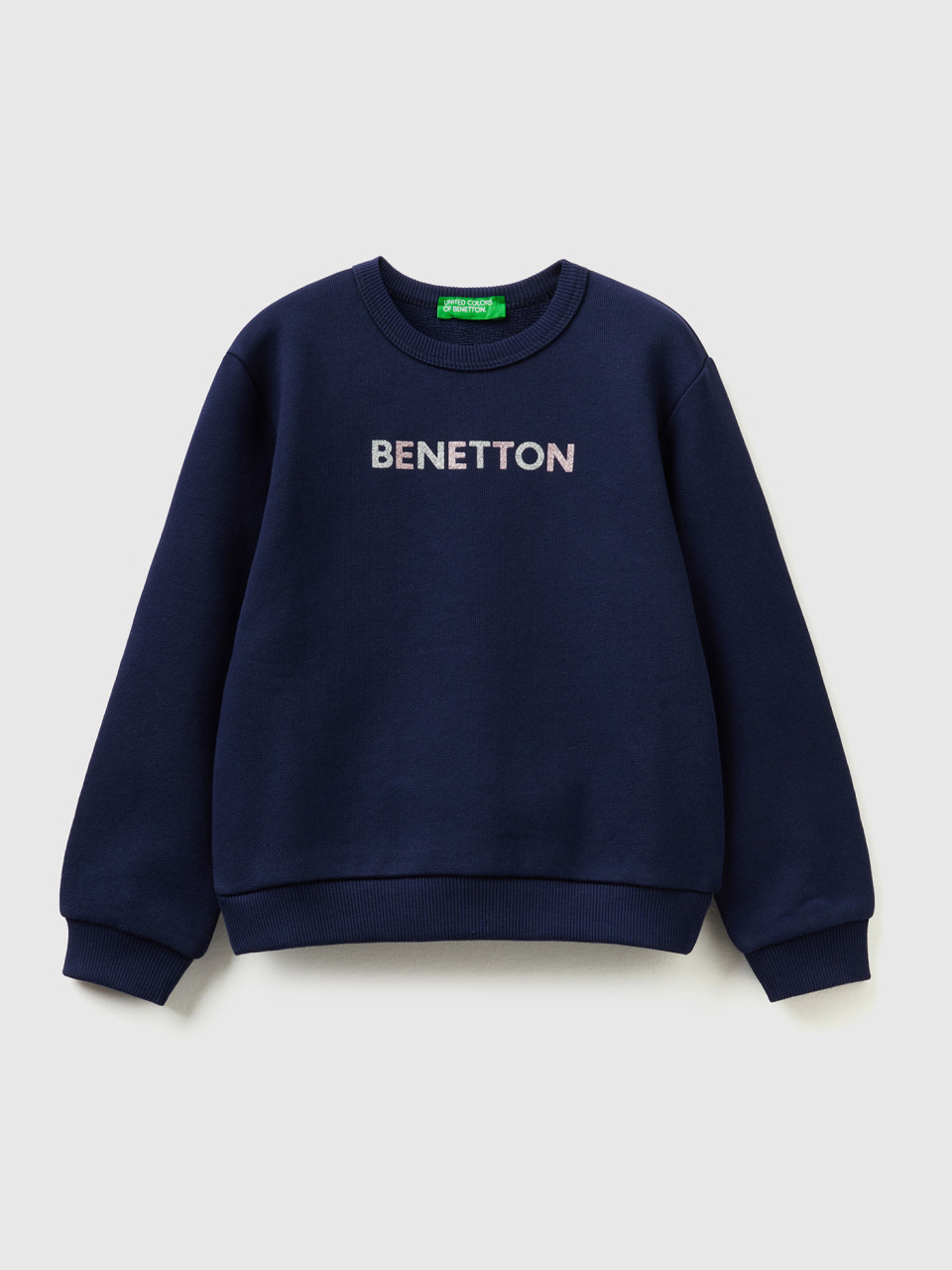 Benetton, Dark Blue Sweatshirt In Organic Cotton With Glittery Print, Dark Blue, Kids