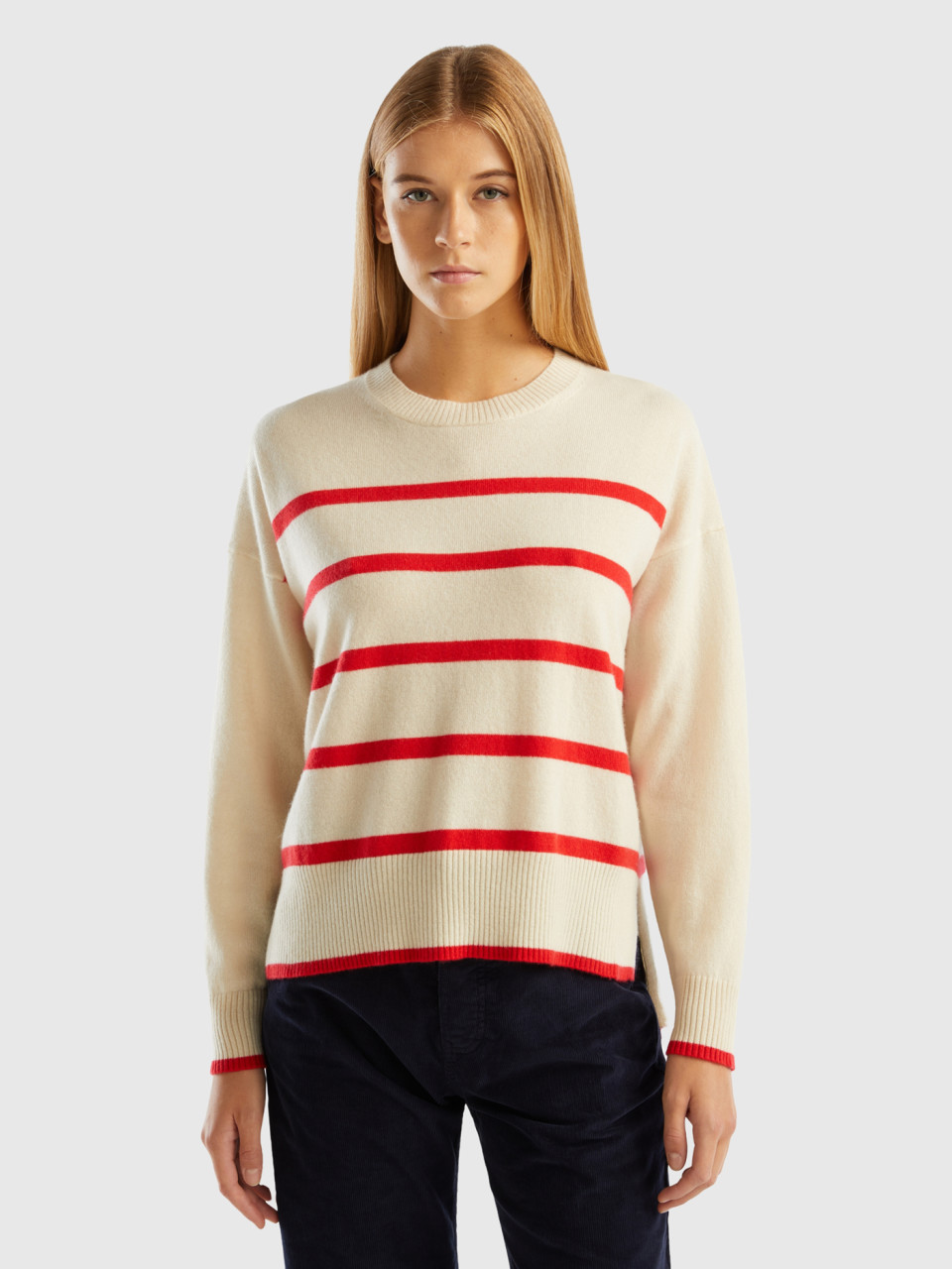 Benetton, Striped Sweater In Pure Cashmere, Creamy White, Women