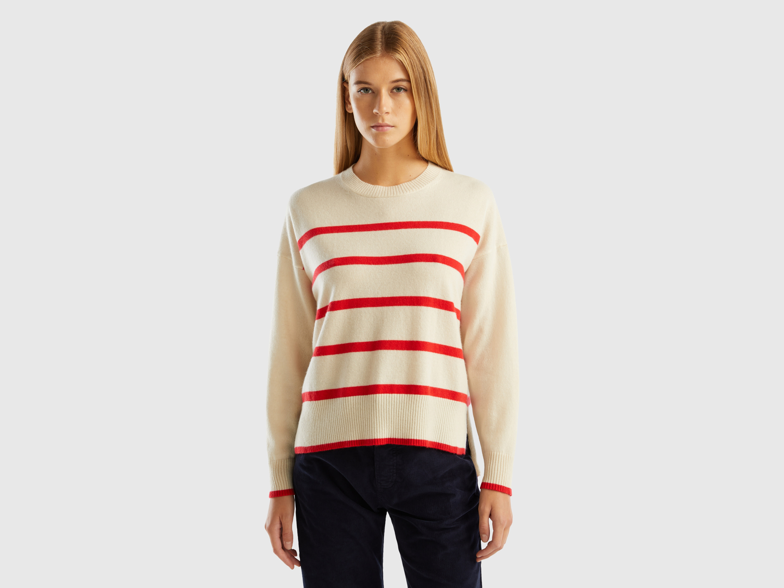 Benetton, Striped Sweater In Pure Cashmere, size XS-S, Creamy White, Women