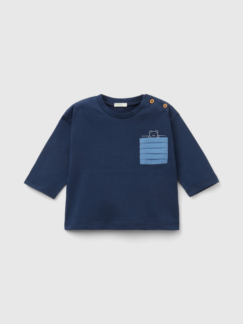 Benetton, T-shirt With Pleated Pocket, Dark Blue, Kids