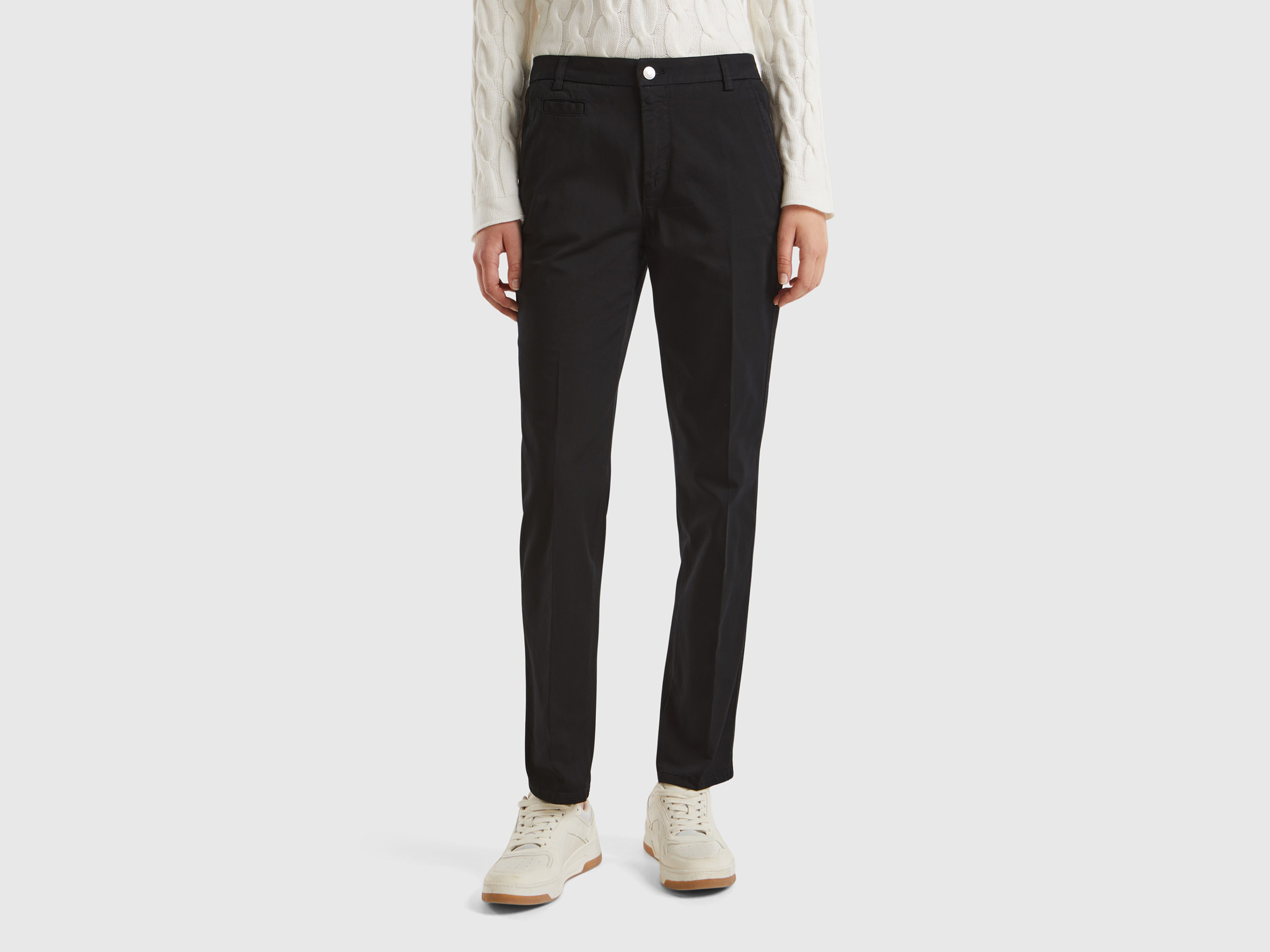 Benetton, Black Slim Fit Cotton Chinos, size , Black, Women