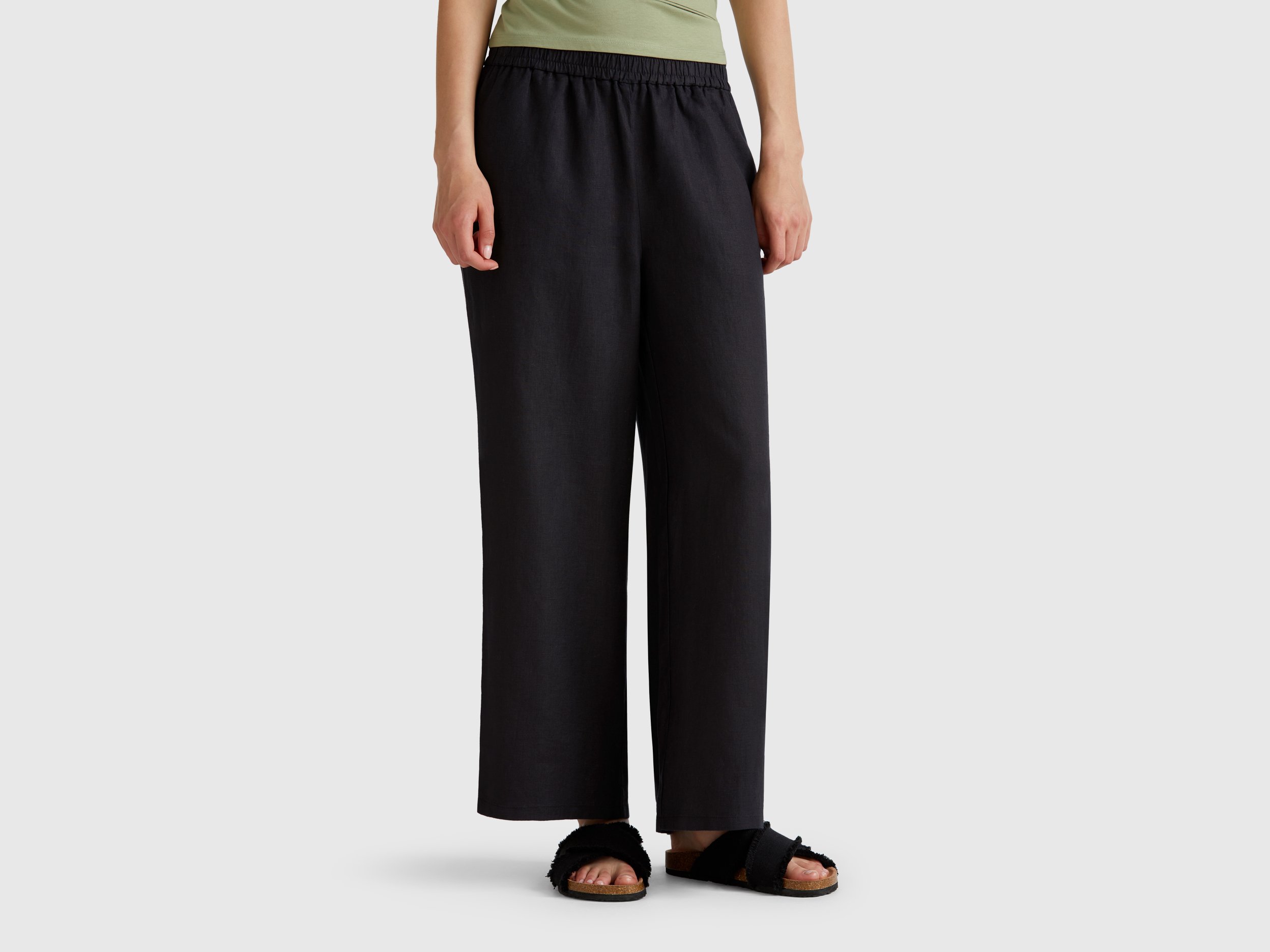  Benetton, Παντελόνι Φαρδύ Από Αγνό Λινό, size S, Μαυρο, Γυναικεία 2025